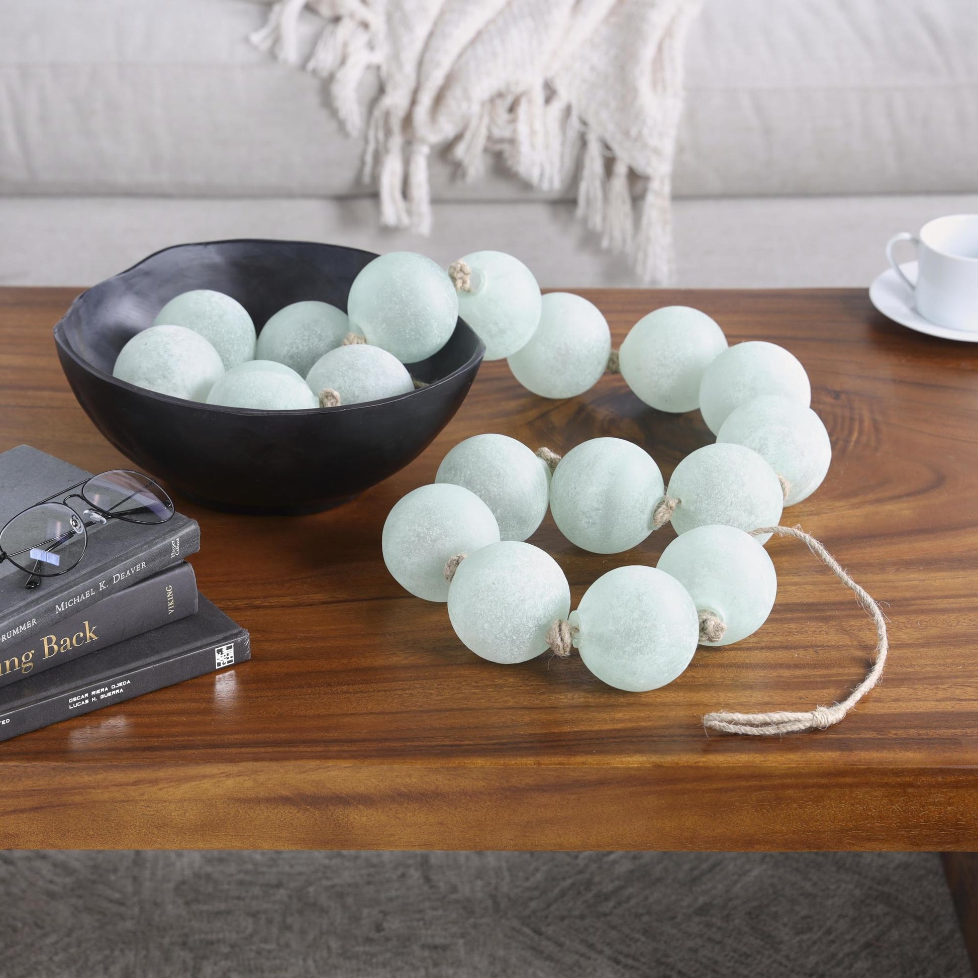 Glass Handmade Round Extra Long Frosted Orb Beaded Garland with Tassel with Knotted Jute Rope