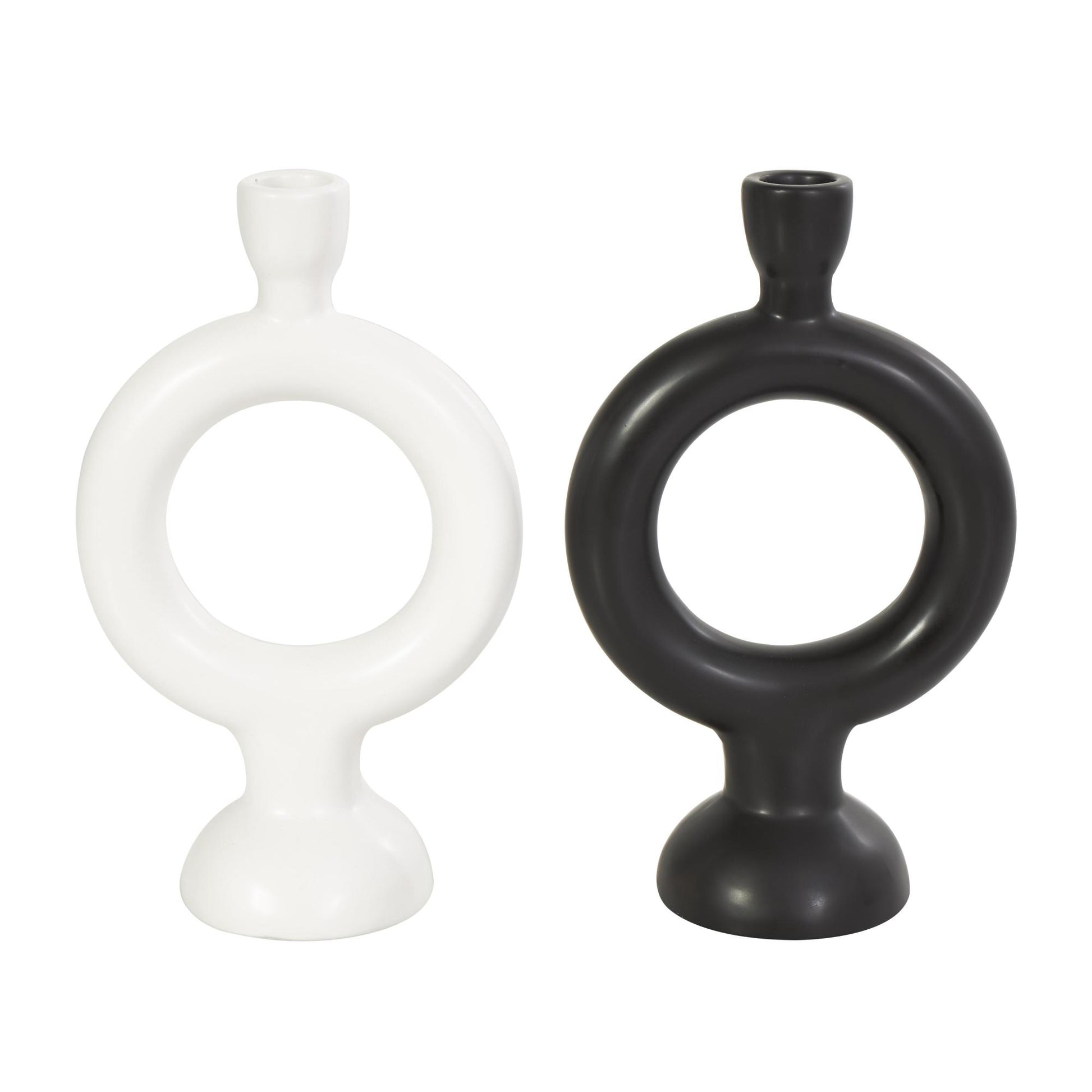 CosmoLiving by Cosmopolitan Set of 2 Geometric Black Ceramic Ring Decorative Candle Holder