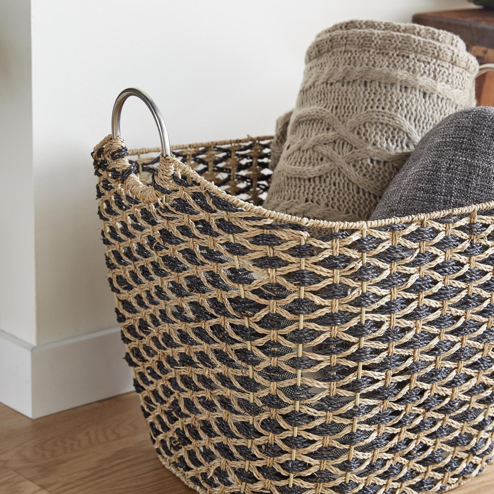 Seagrass Handmade Two Toned Decorative and Functional Storage Basket with Metal Handles