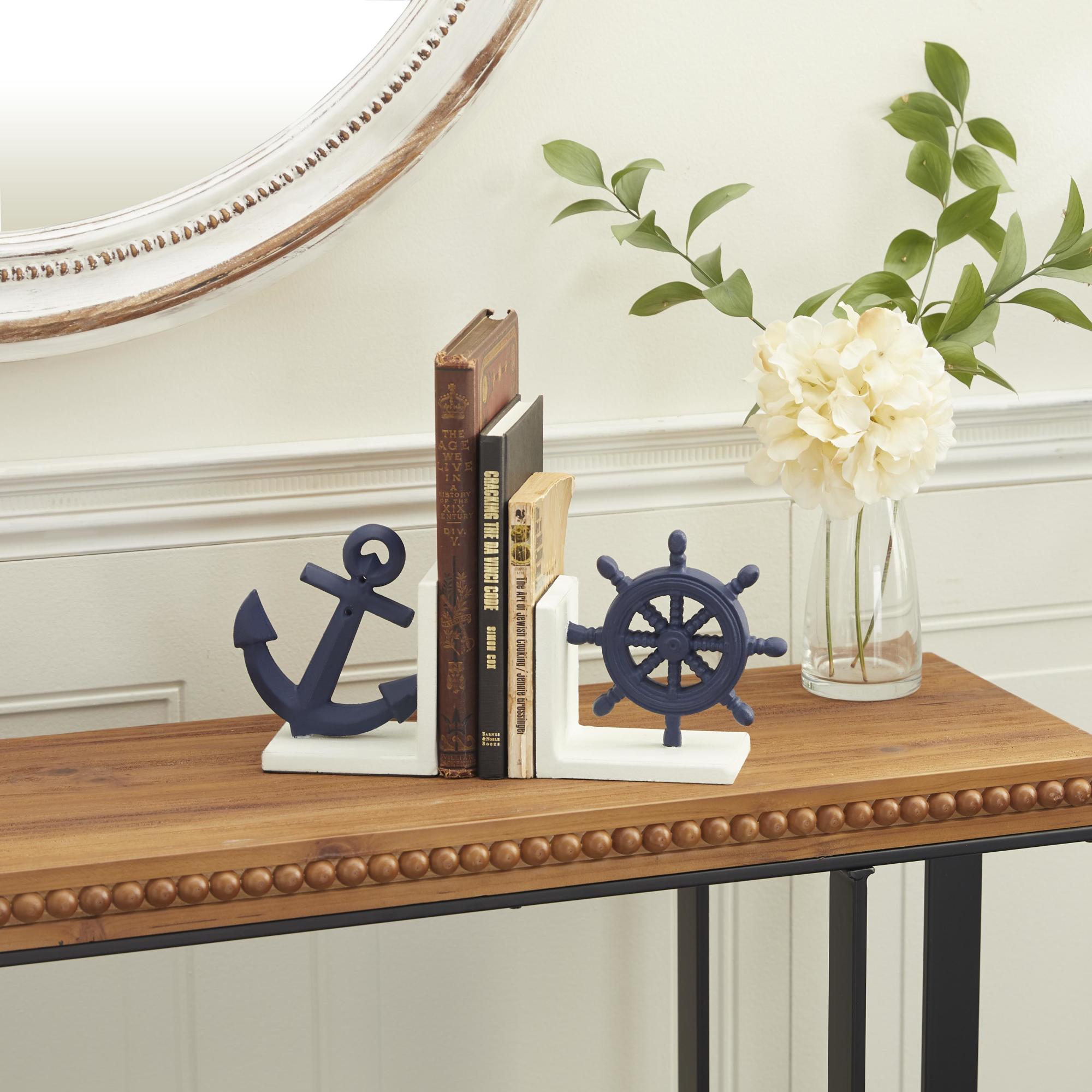 Set of 2 Ship Wheel Blue Metal Anchor Decorative Bookends