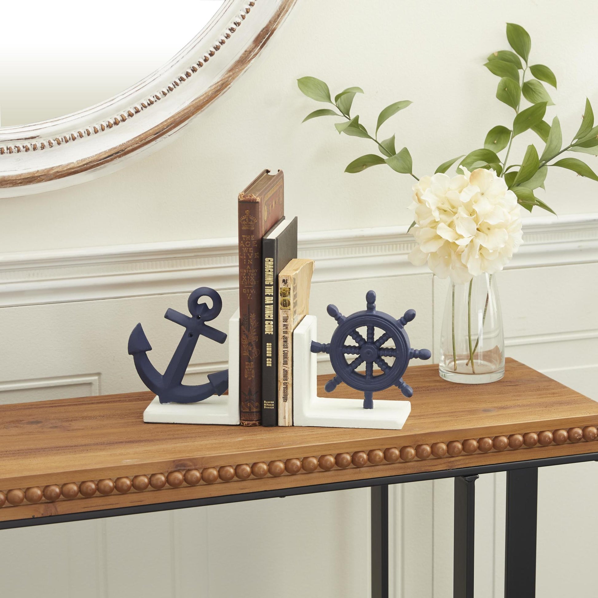 Set of 2 Ship Wheel Blue Metal Anchor Decorative Bookends