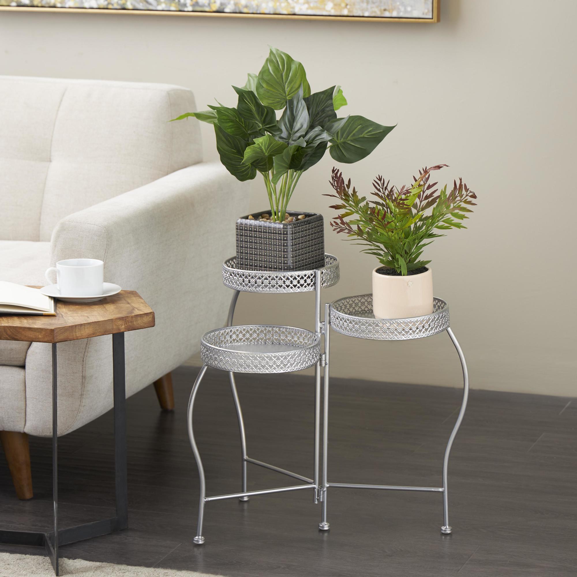 Metal Curved Folding 3 Tier Indoor Outdoor Plantstand with Floral and Scroll Patterns