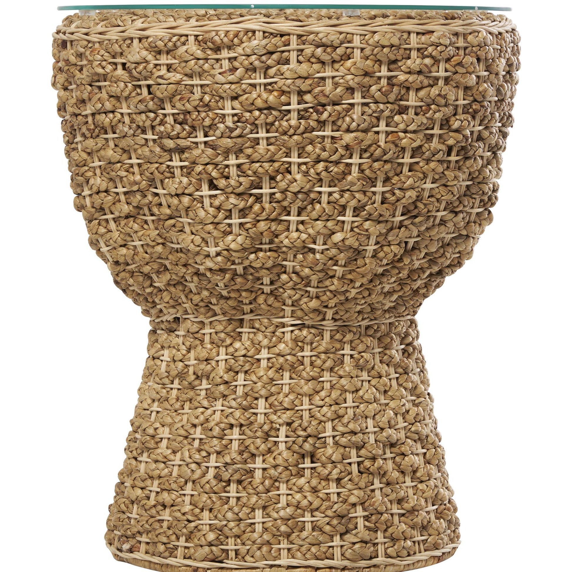 Brown Seagrass Handmade Woven Side End Accent Table with Glass Top