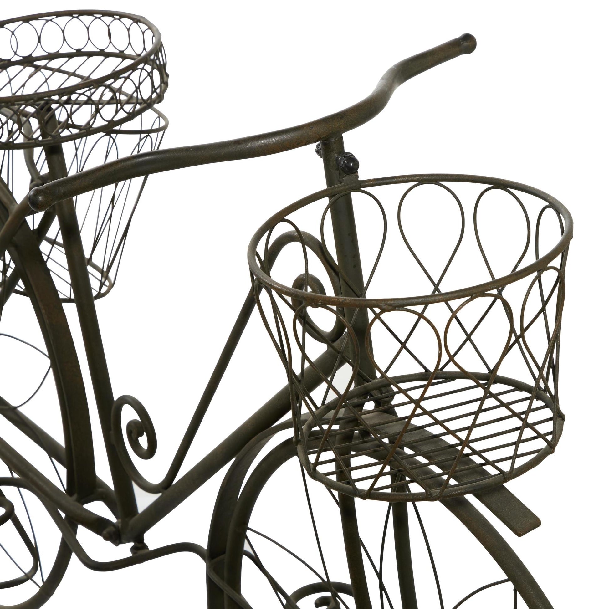 Bike Brown Metal Wire Floral Scrolled Indoor Outdoor Plantstand with Basket and Saddle Bag Planters