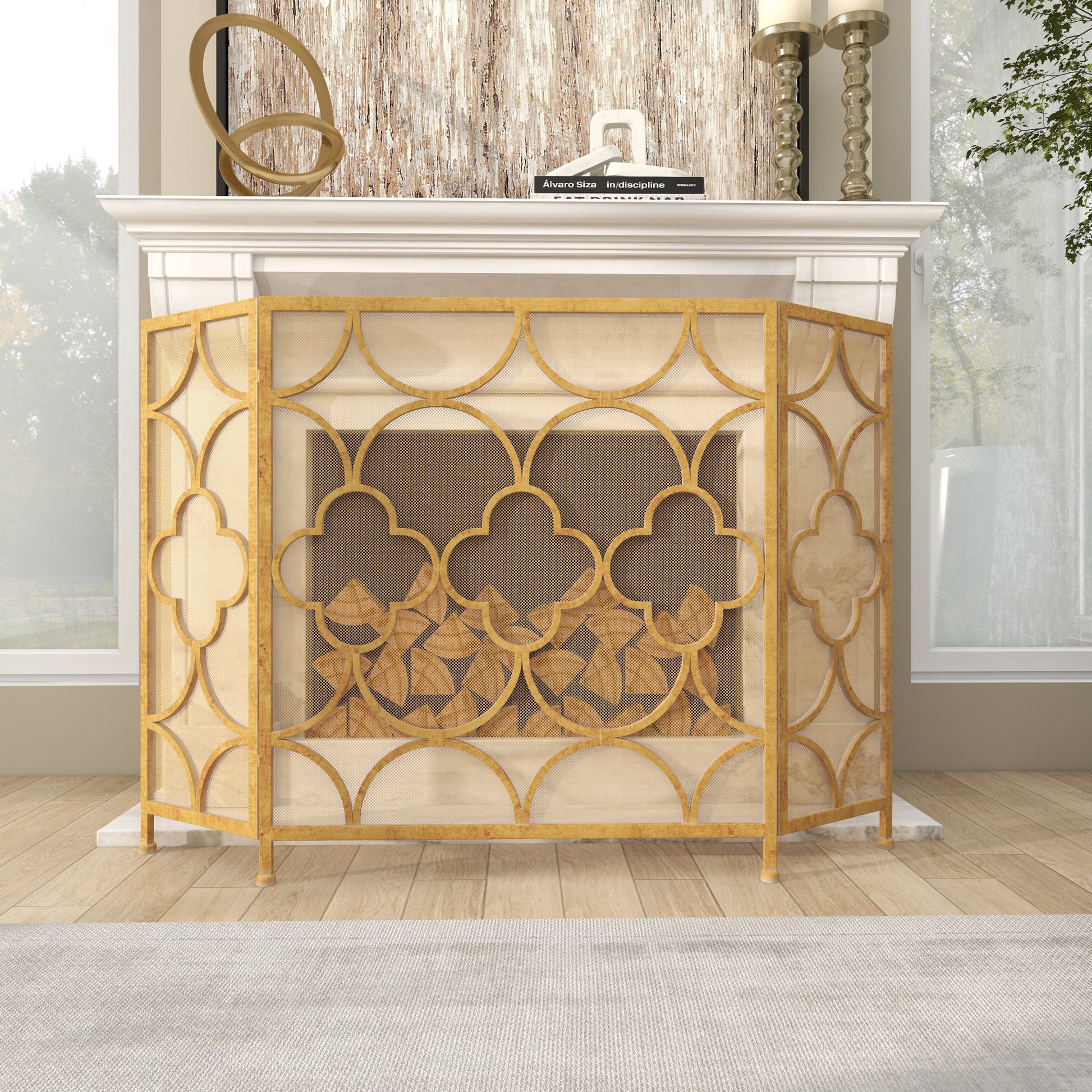 Geometric Gold Metal Foldable Mesh Netting 3 Panel Living Room Fireplace Screen with Quatrefoil Design