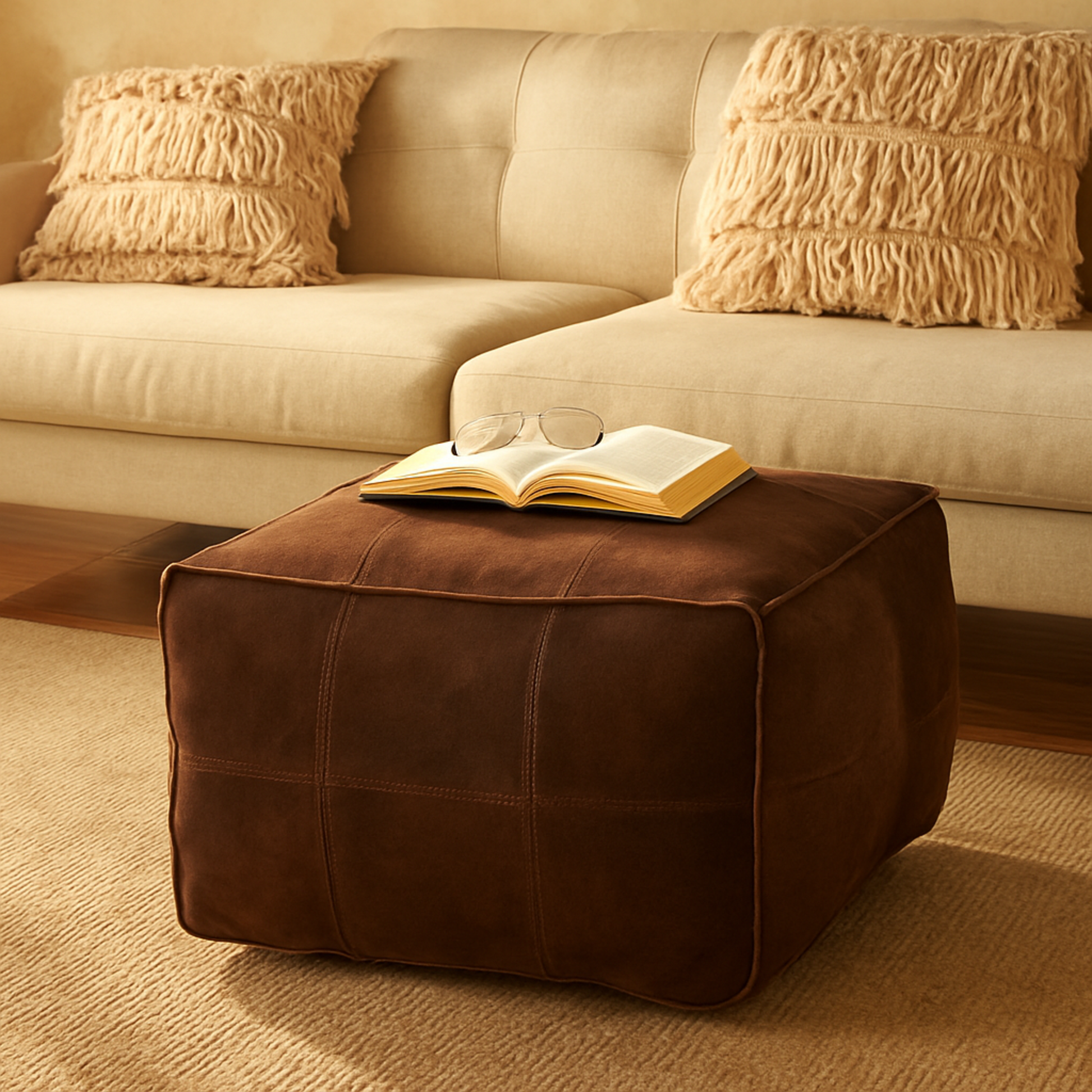 Leather Low Profile Square Stuffed Pouf with Patchwork Design