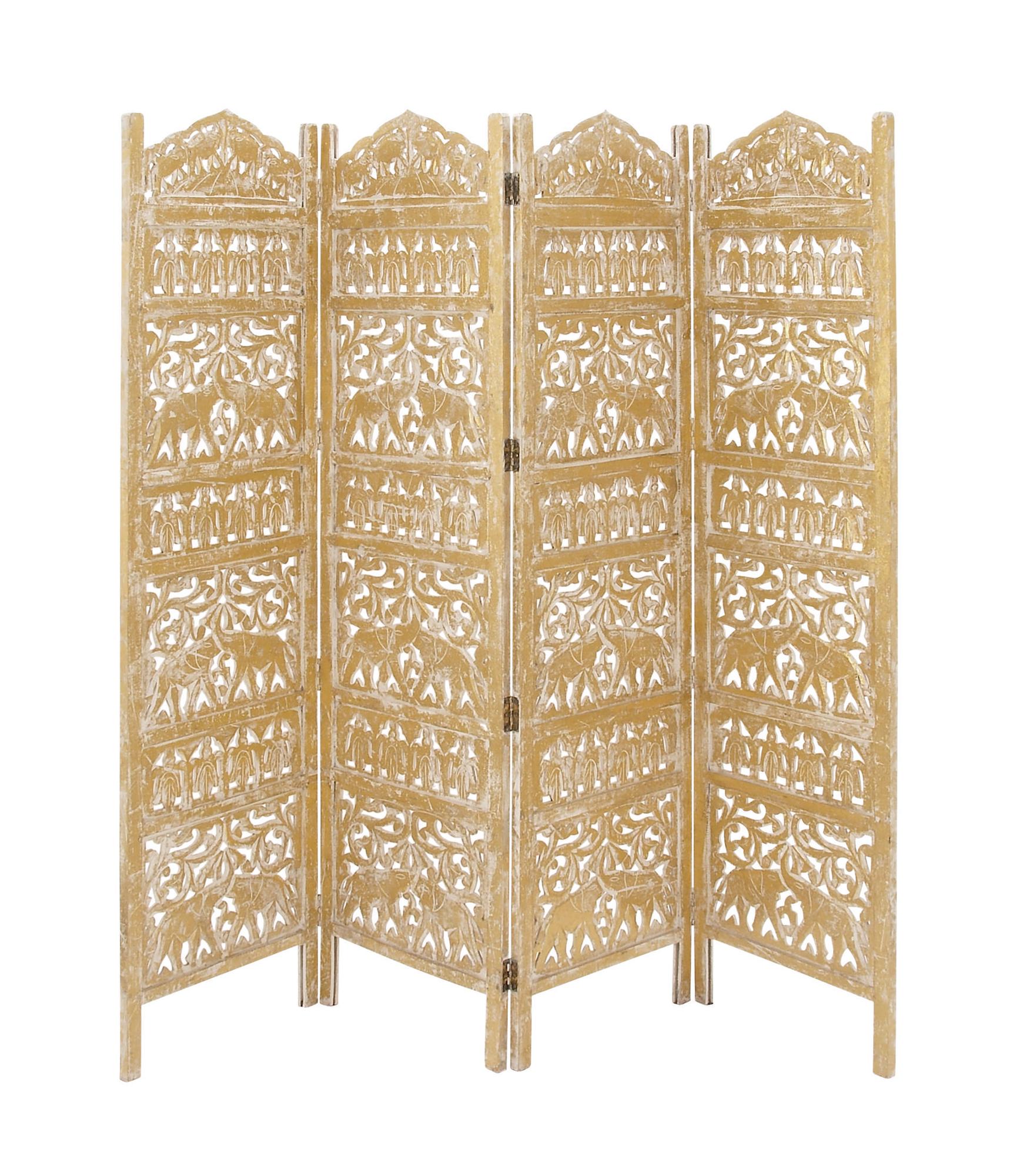 Scroll Gold Wooden Handmade Foldable Partition 4 Panel Partition Room Divider Screen with Carved Elephant Accents
