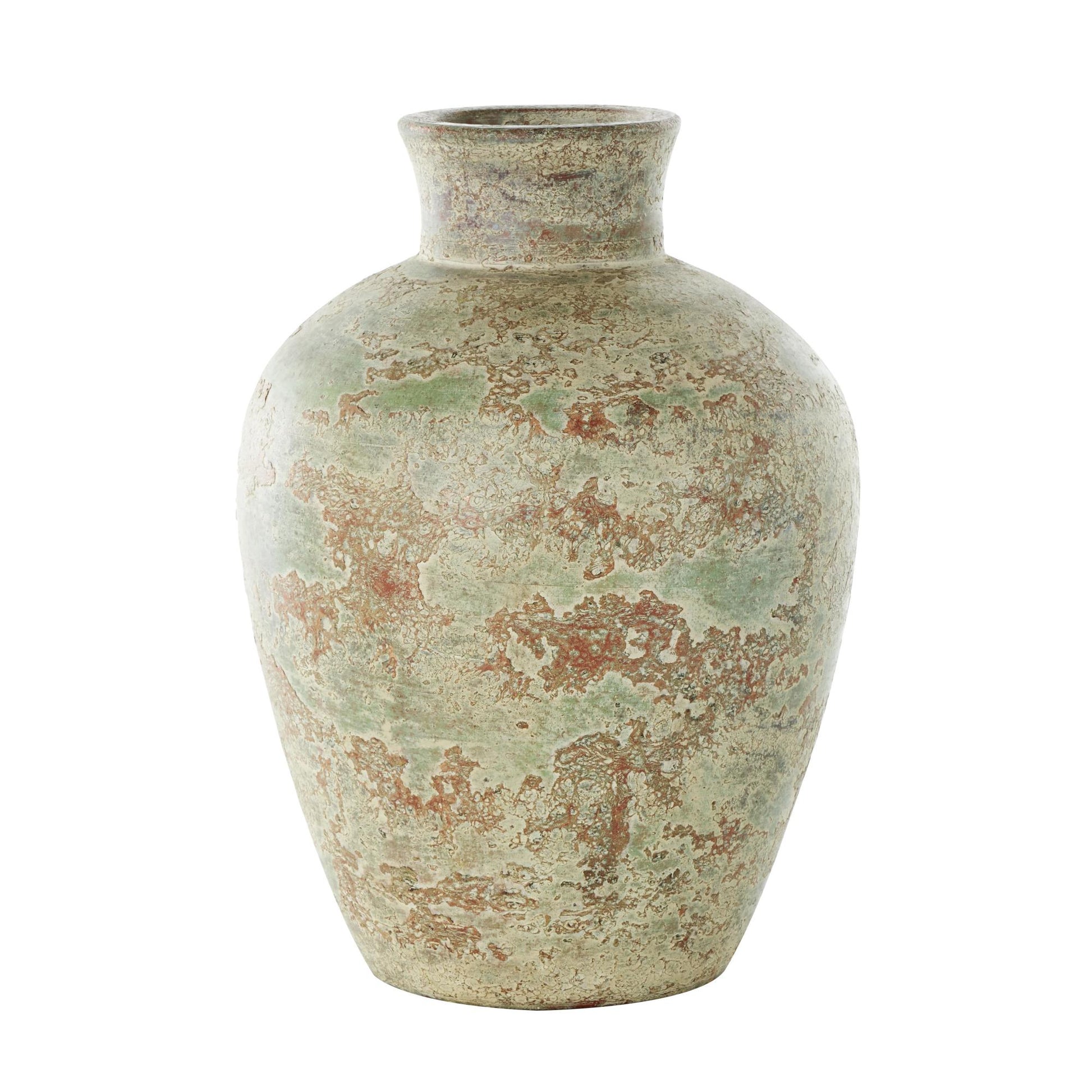 Brown Ceramic Antique Style Textured Decorative Vase with Green and Copper Accents