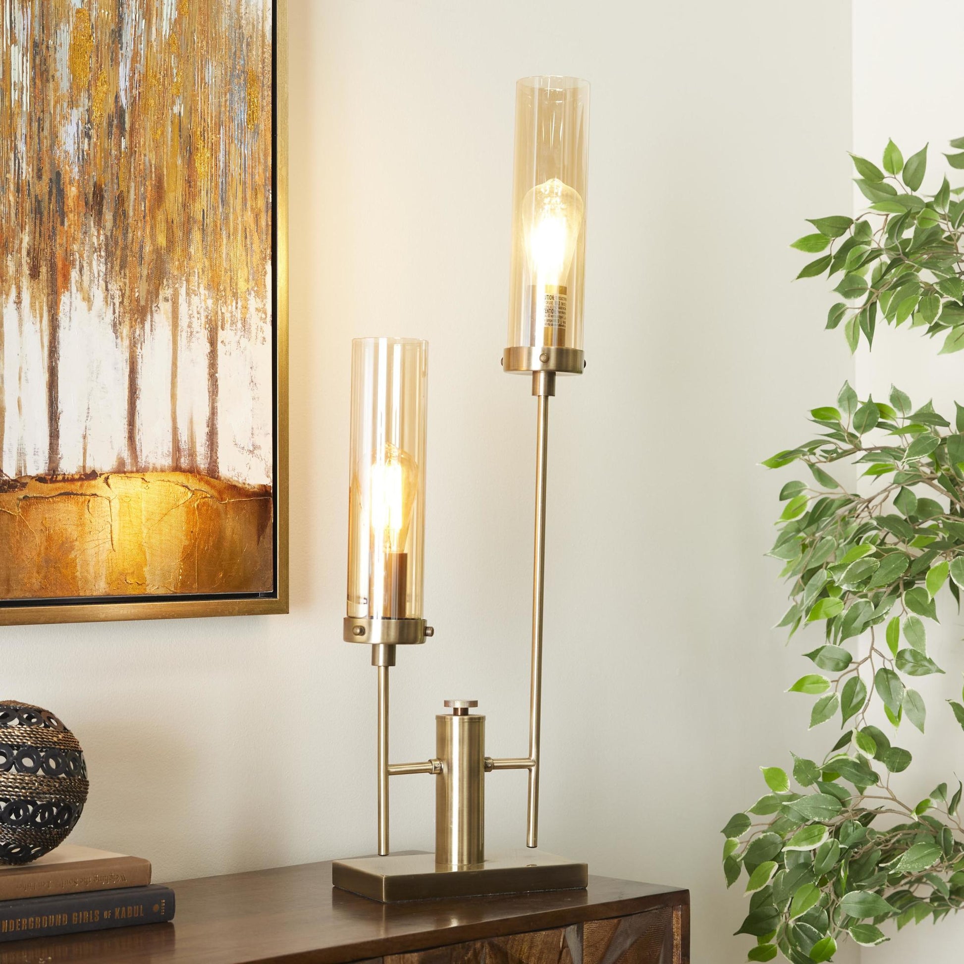 Gold Metal Tall Room Accent Lamp with Cylinder Glass Shades