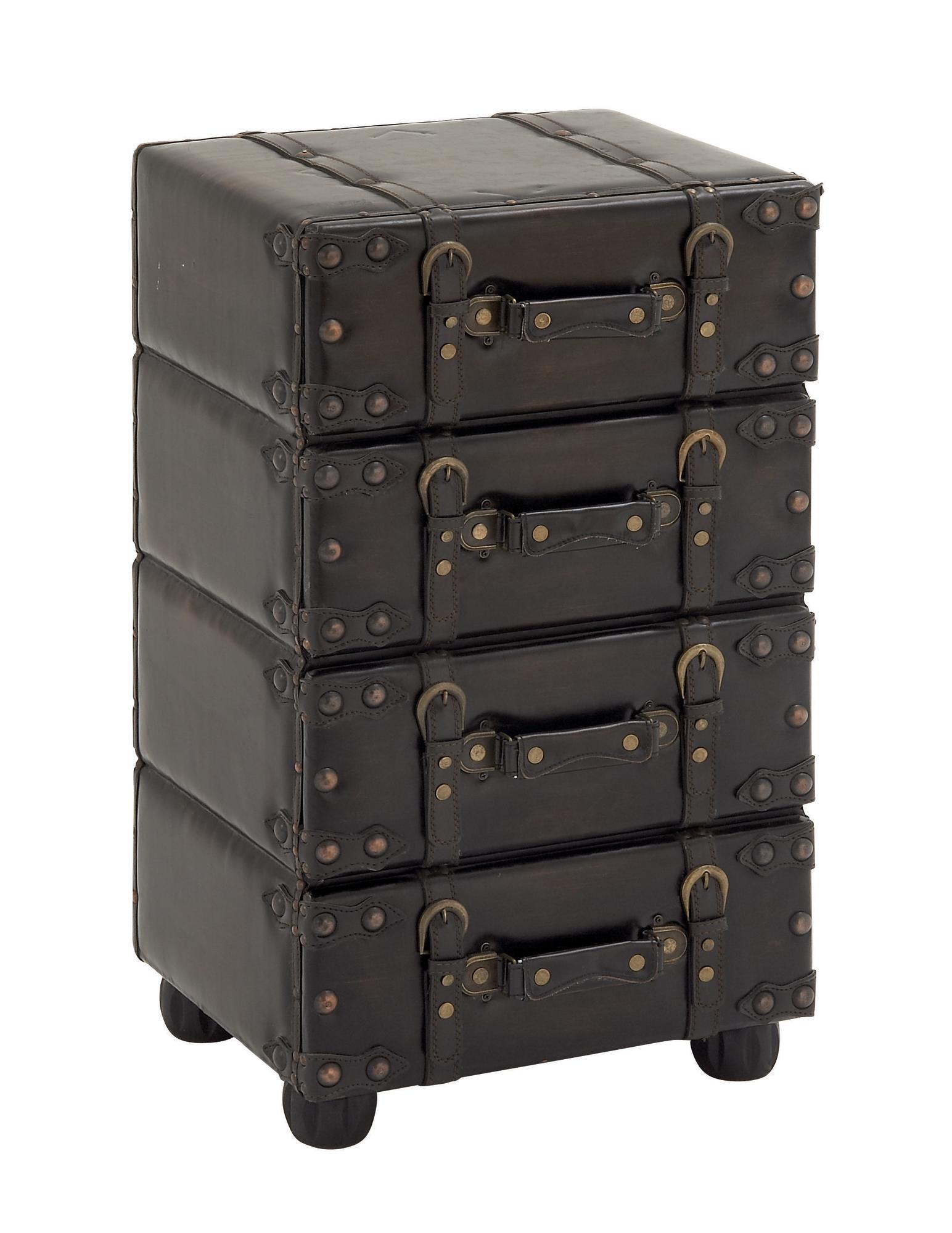 Black Faux Leather Vintage 4 Drawer Room Chest with Buckle Straps and Gold Stud Details