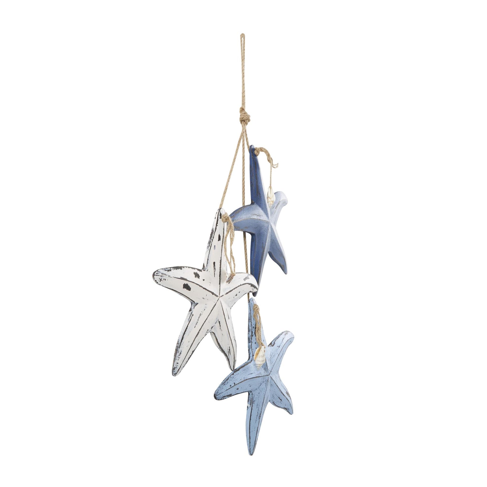 Starfish Blue Wooden Distressed Layered Home Wall Decor with Hanging Rope and Decorative Shell Accents