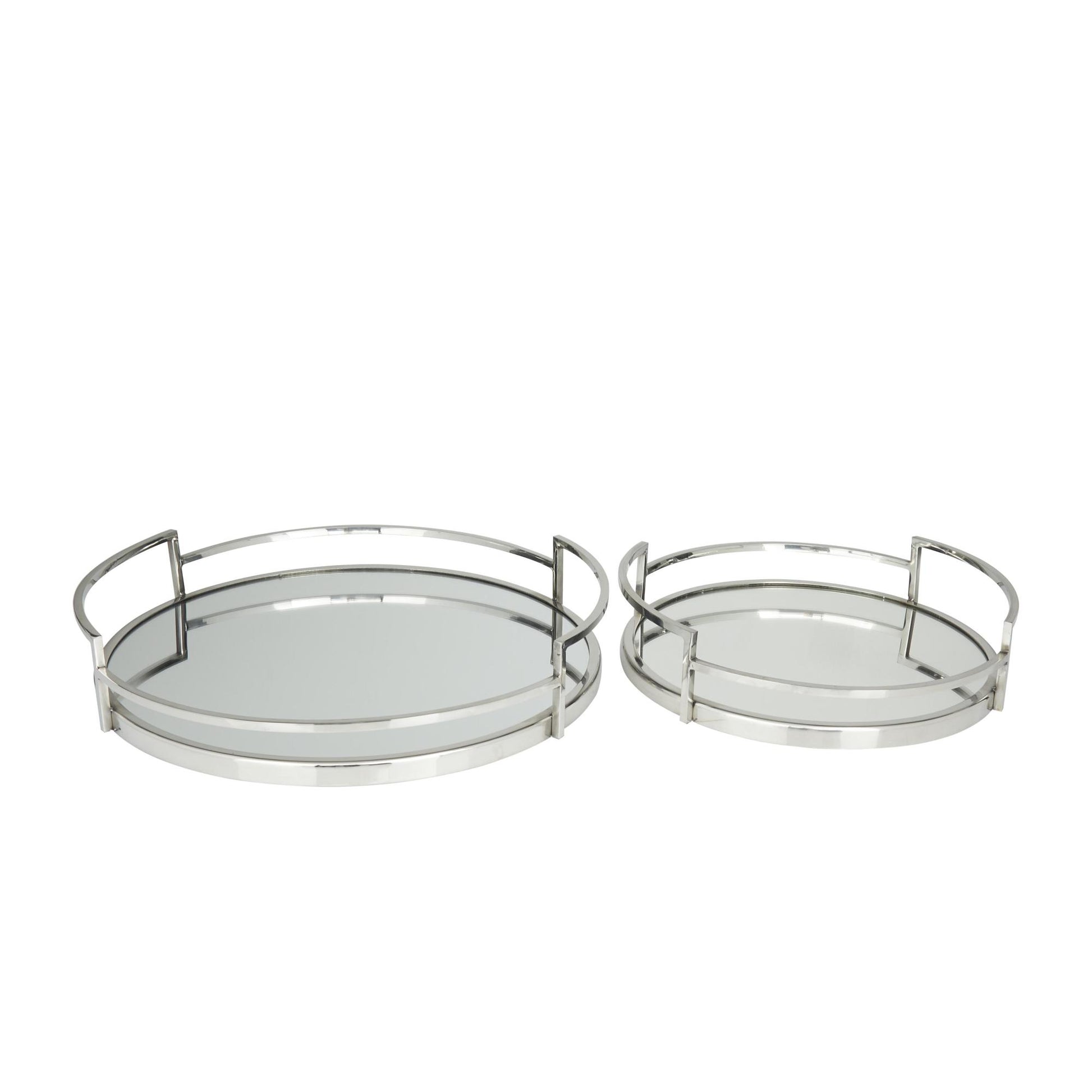 Set of 2 Stainless Steel Metal Round Mirrored Living Room Decor Tray with Elevated Rim and Handles