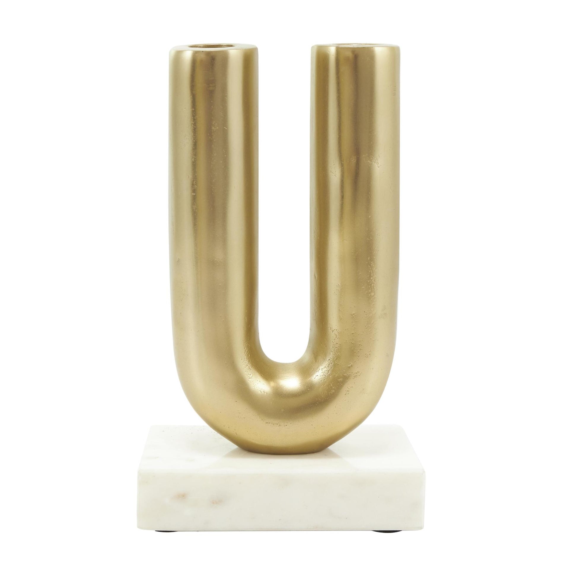 Set of 2 Geometric Aluminum Metal U-Shaped Decorative Candle Holder with Marble Bases