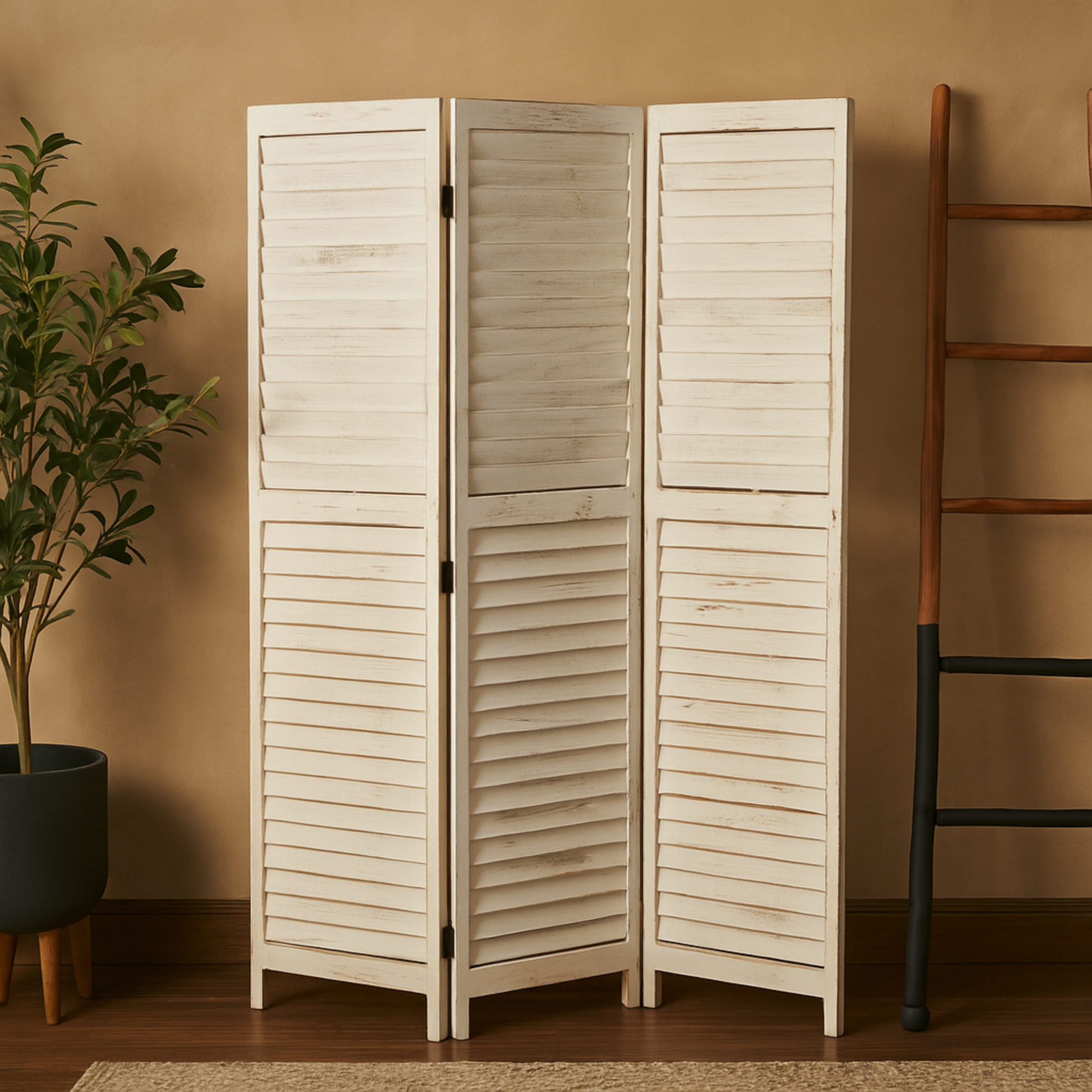 White Wood Washed Shutter Top 3 Panel Partition Room Divider Screen with Gray Distressing