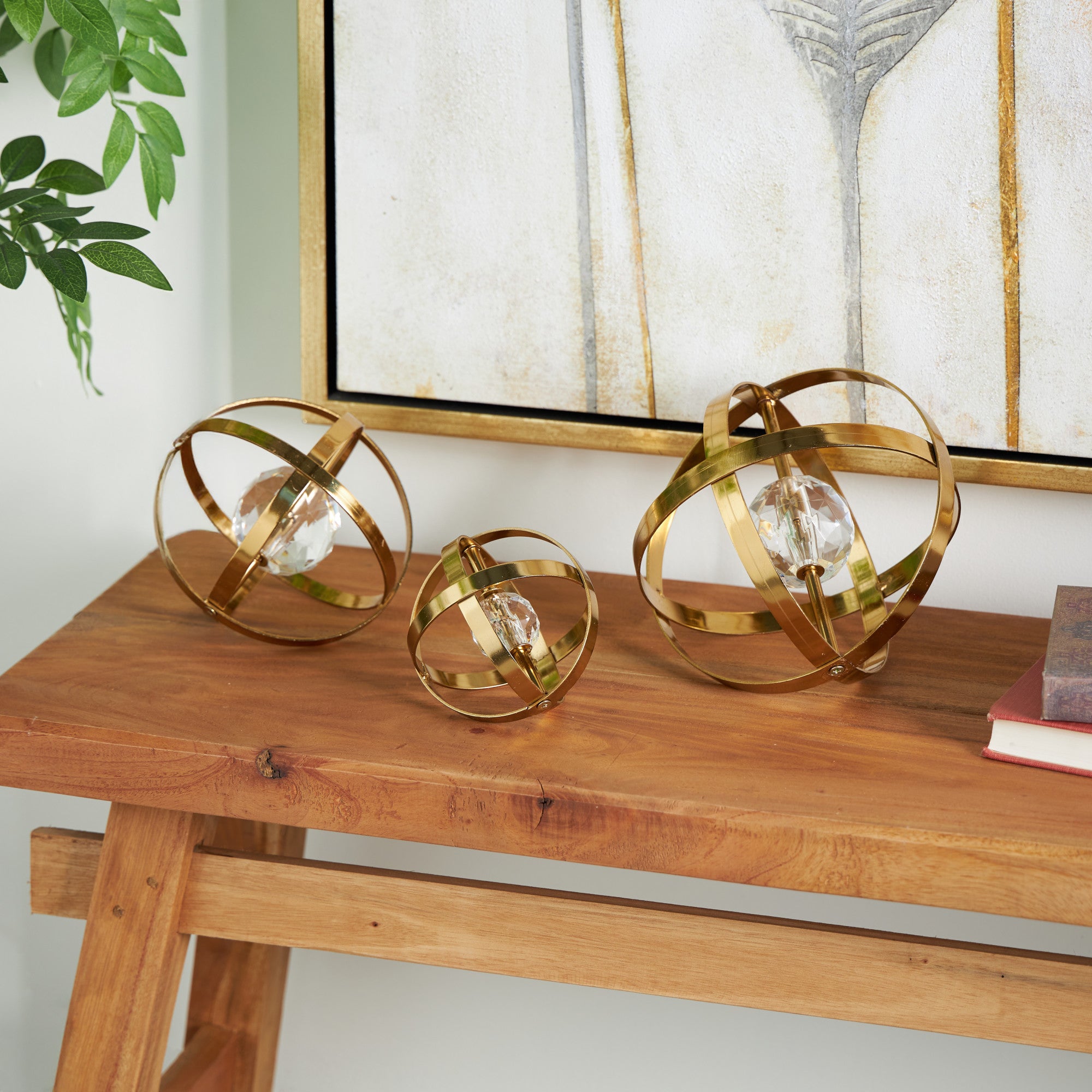 Set of 3 Geometric Metal Orb Decorative Sculpture with Acrylic Center