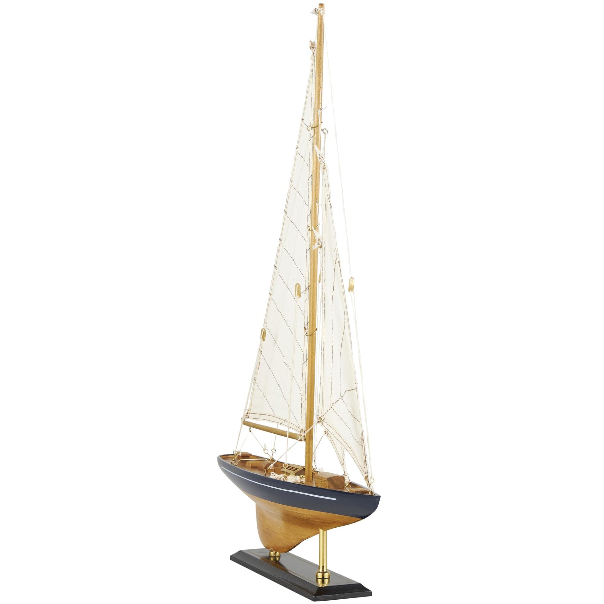 Sail Boat Brown Wood Decorative Sculpture with Beige and Navy Accents and Lifelike Rigging