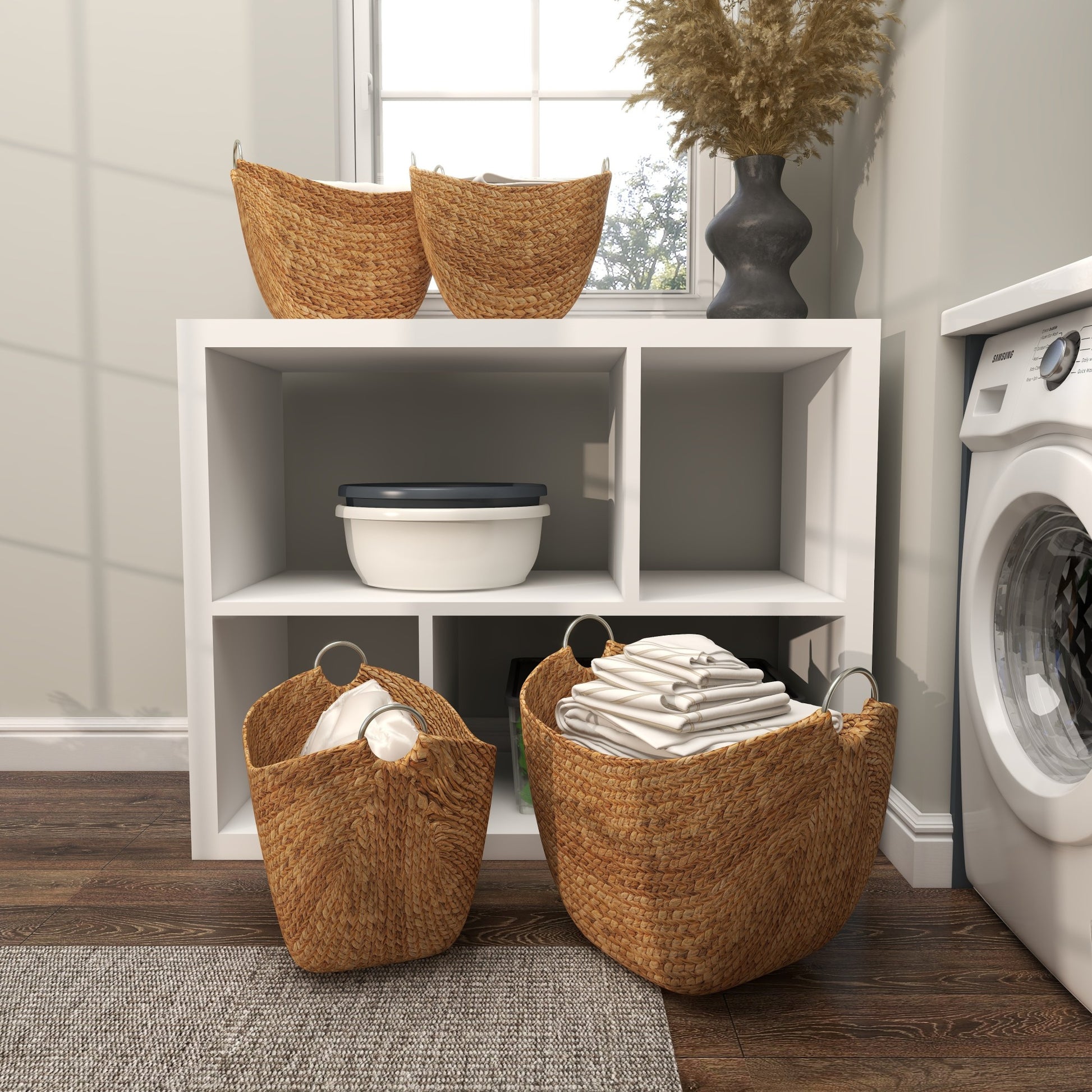Set of 4 Brown Seagrass Handmade Woven Curved Decorative and Functional Storage Basket with Silver Metal Handles