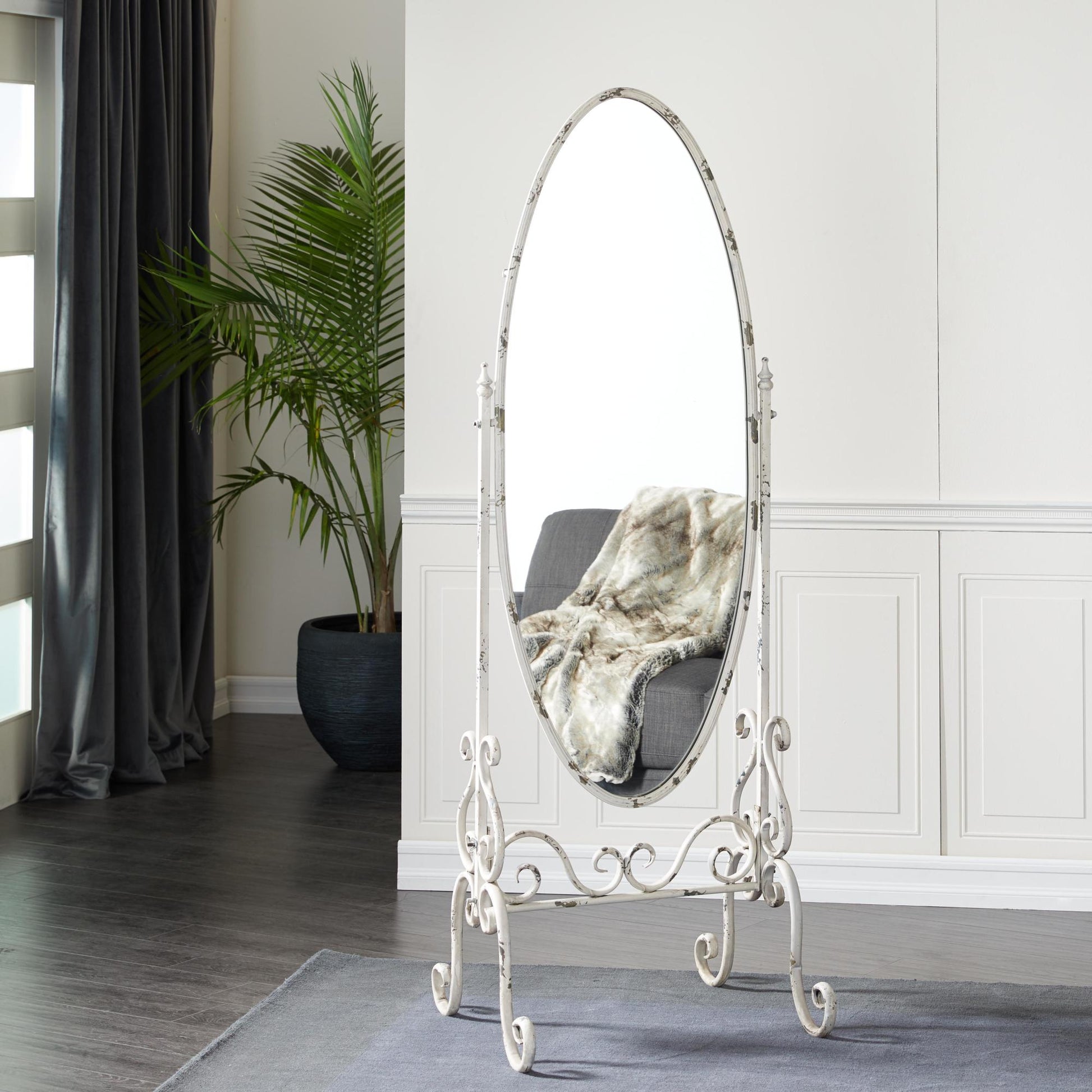 Scroll White Metal Oval Room Floor Mirror with Stand