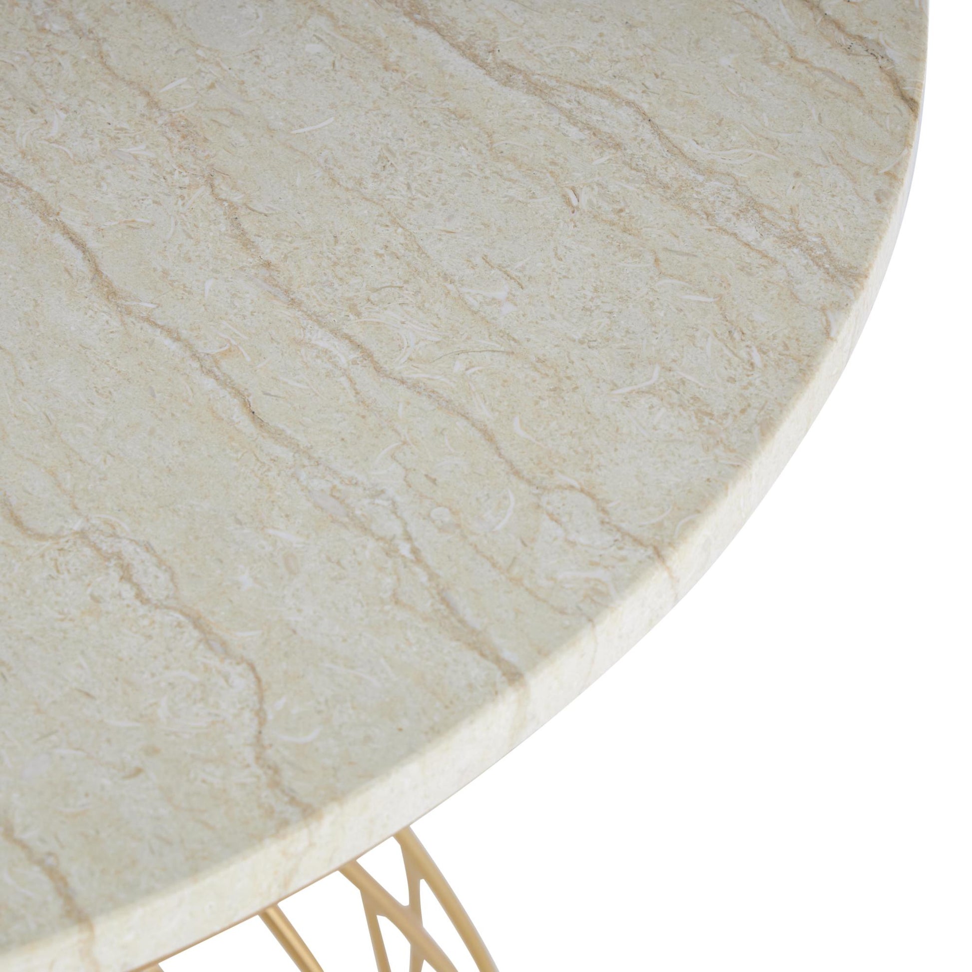 Gold Metal Flower Inspired Side End Accent Table with Cream Marble Tabletop