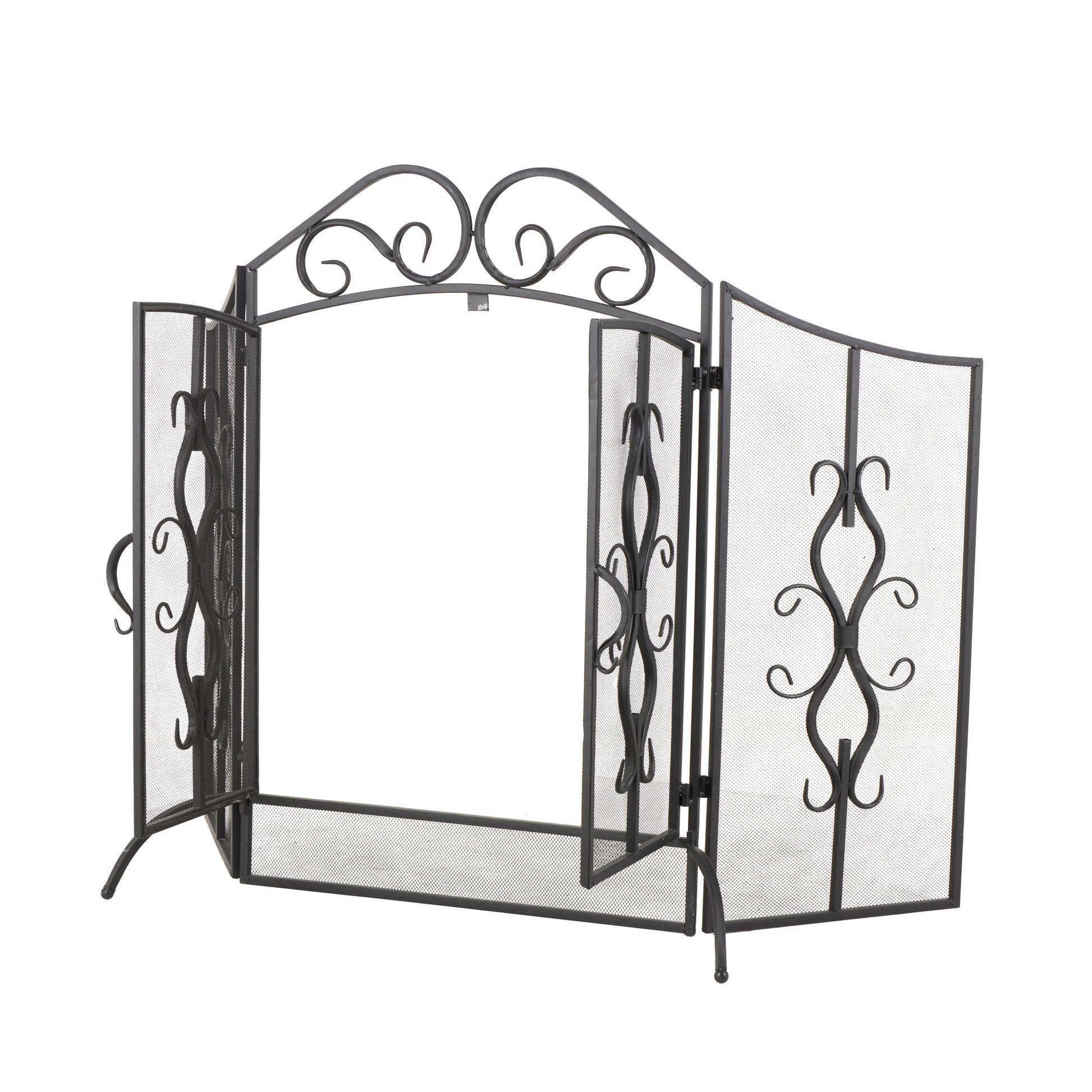 Scroll Gray Metal Foldable Mesh Netting 3 Panel Living Room Fireplace Screen