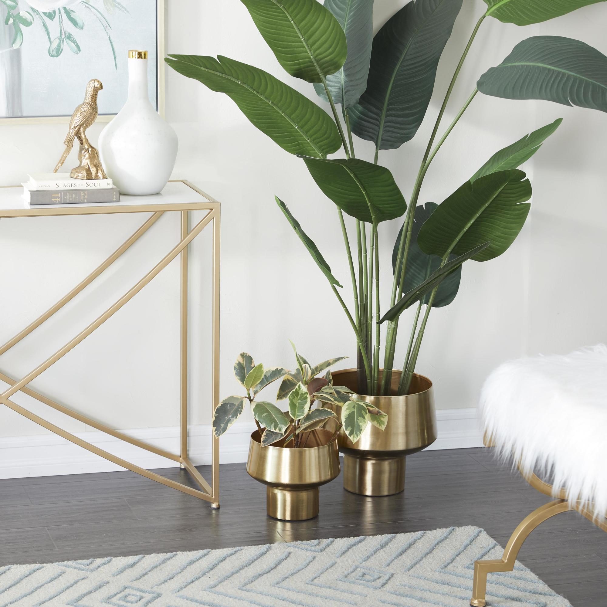 Set of 2 Gold Metal Indoor Outdoor Planter with Elevated Base