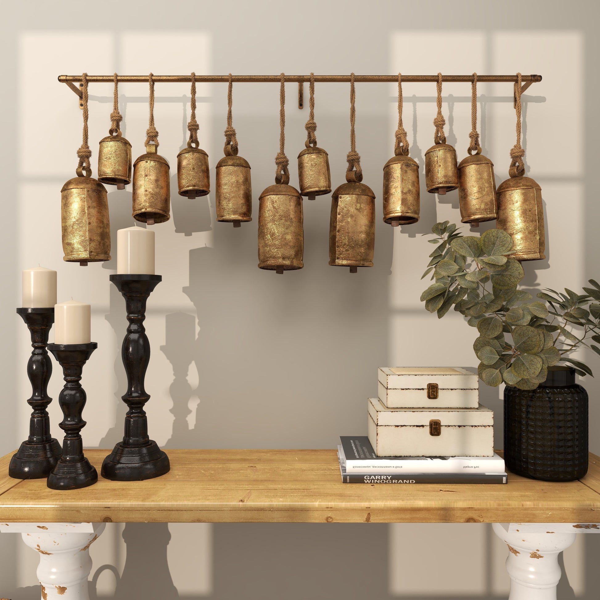 Metal Tibetan Inspired 12 Bell Indoor Outdoor Decorative Cow Bells with Hanging Ropes and Rod