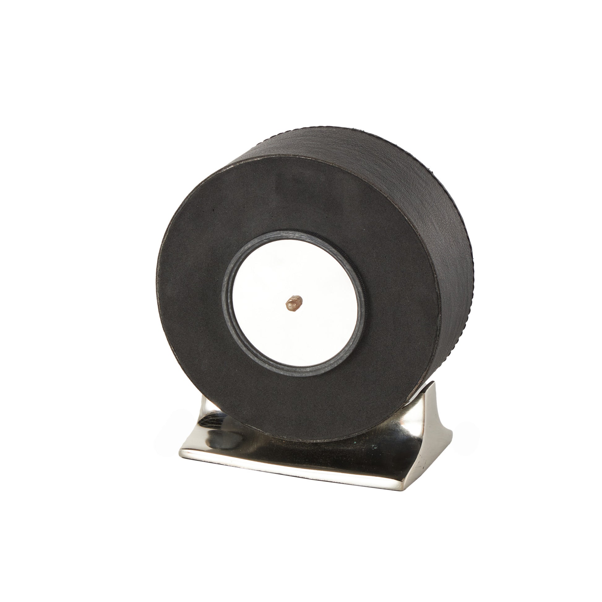 Faux Leather Round Decorative Clock with Silver Rectangular Base