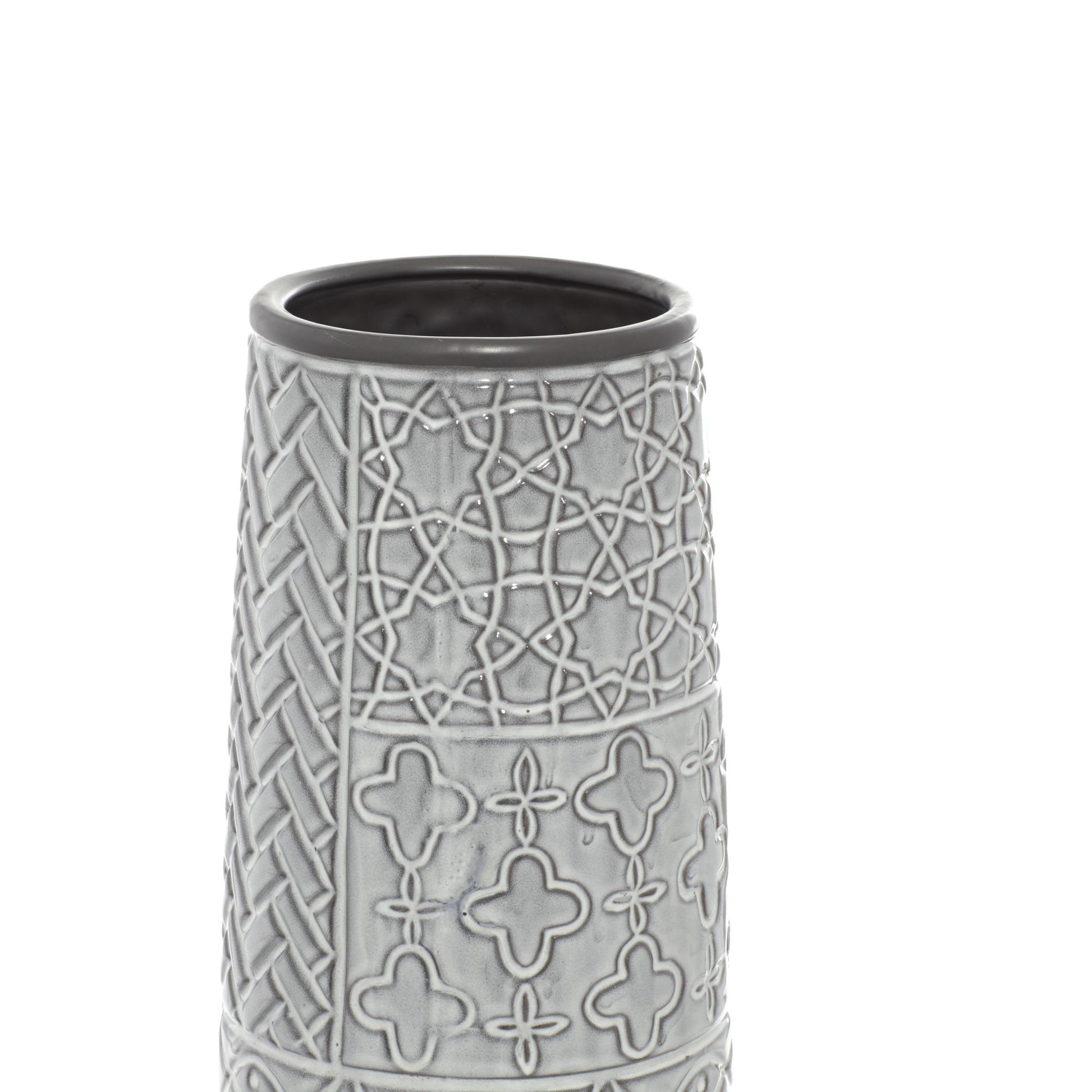 Gray Ceramic Slim Engraved Patterned Decorative Vase with Varying Patterns