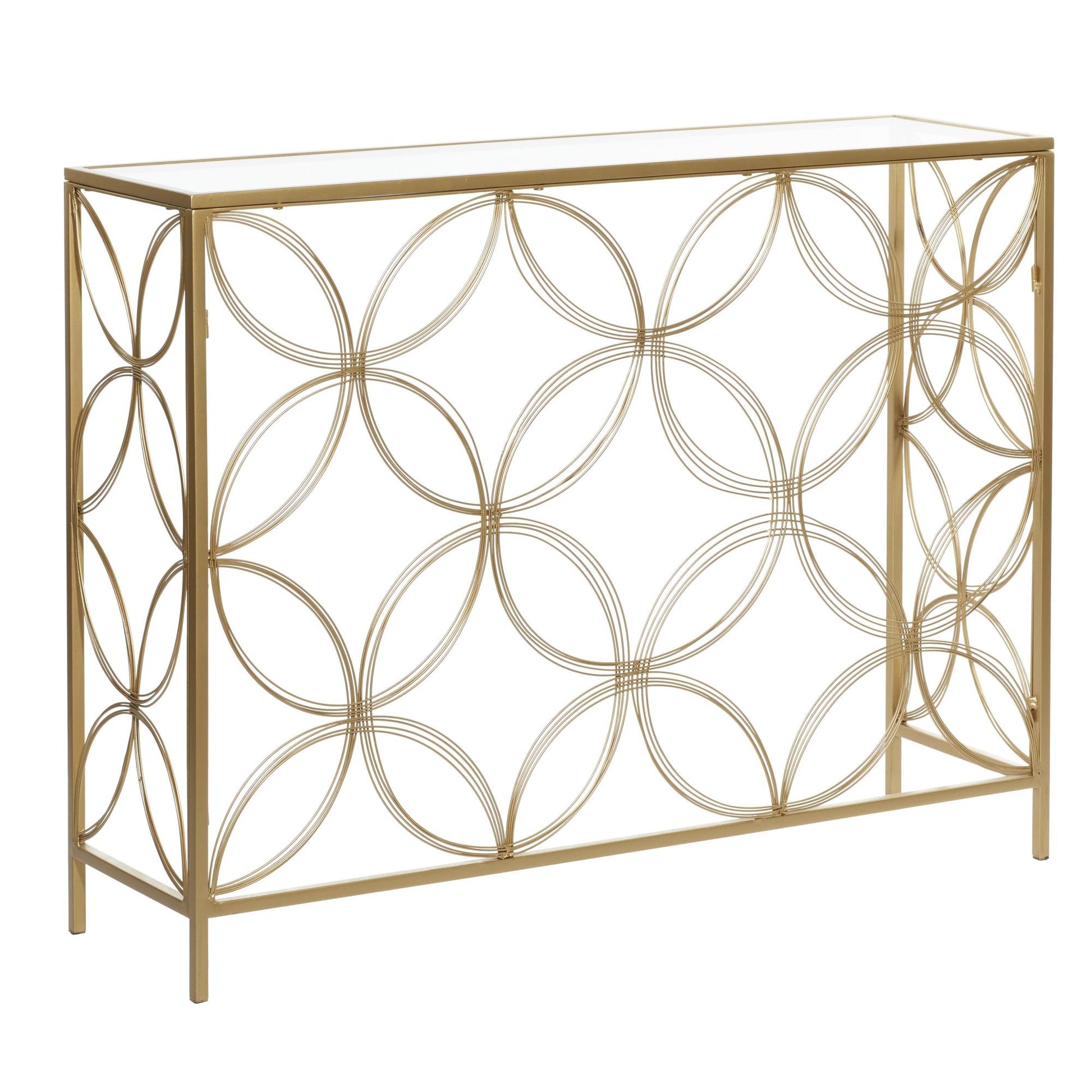 Geometric Gold Metal Open Style Quatrefoil Frame Living Room Console Table with Glass Top