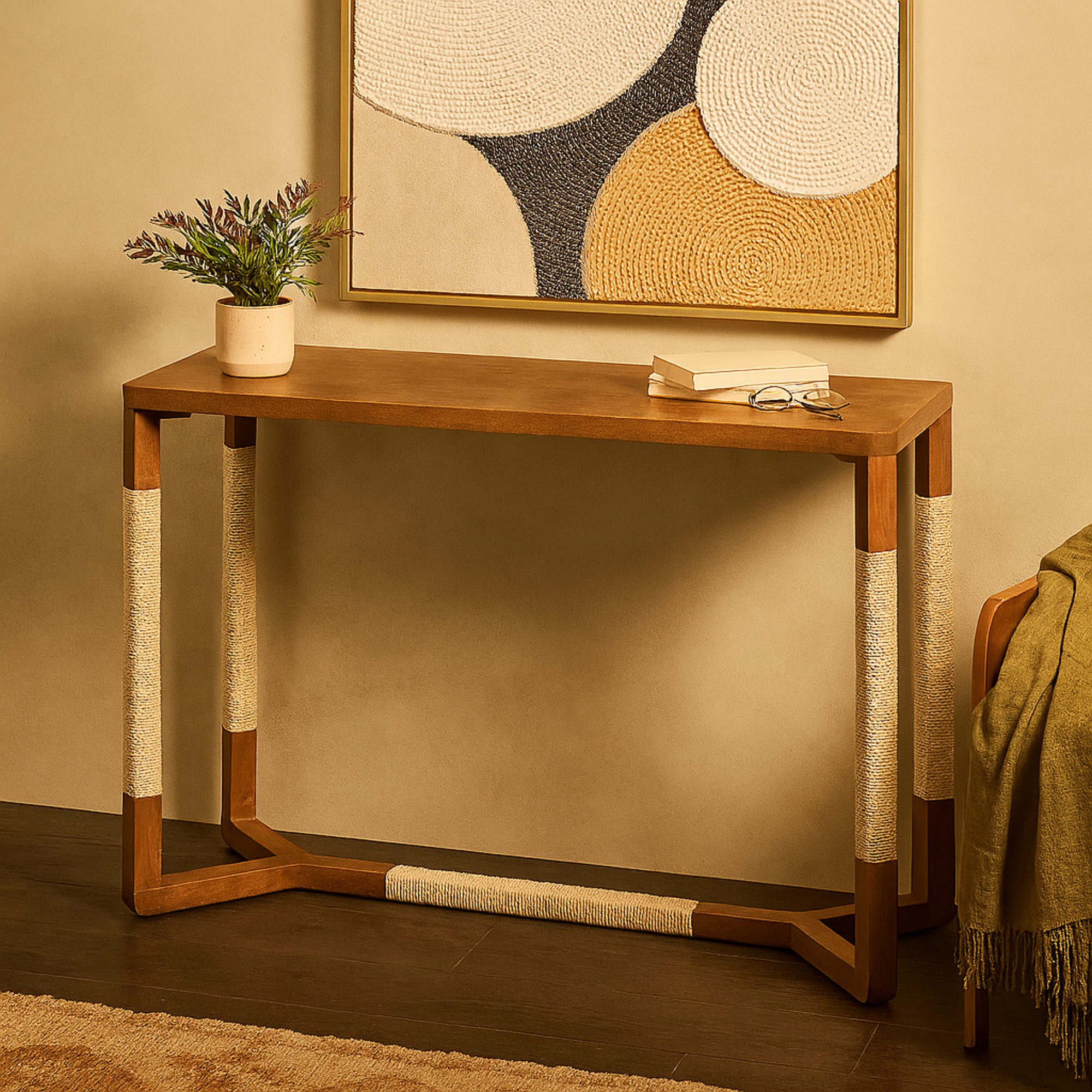 Brown Wooden Rectangular Living Room Console Table with Rope Wrapped Frame