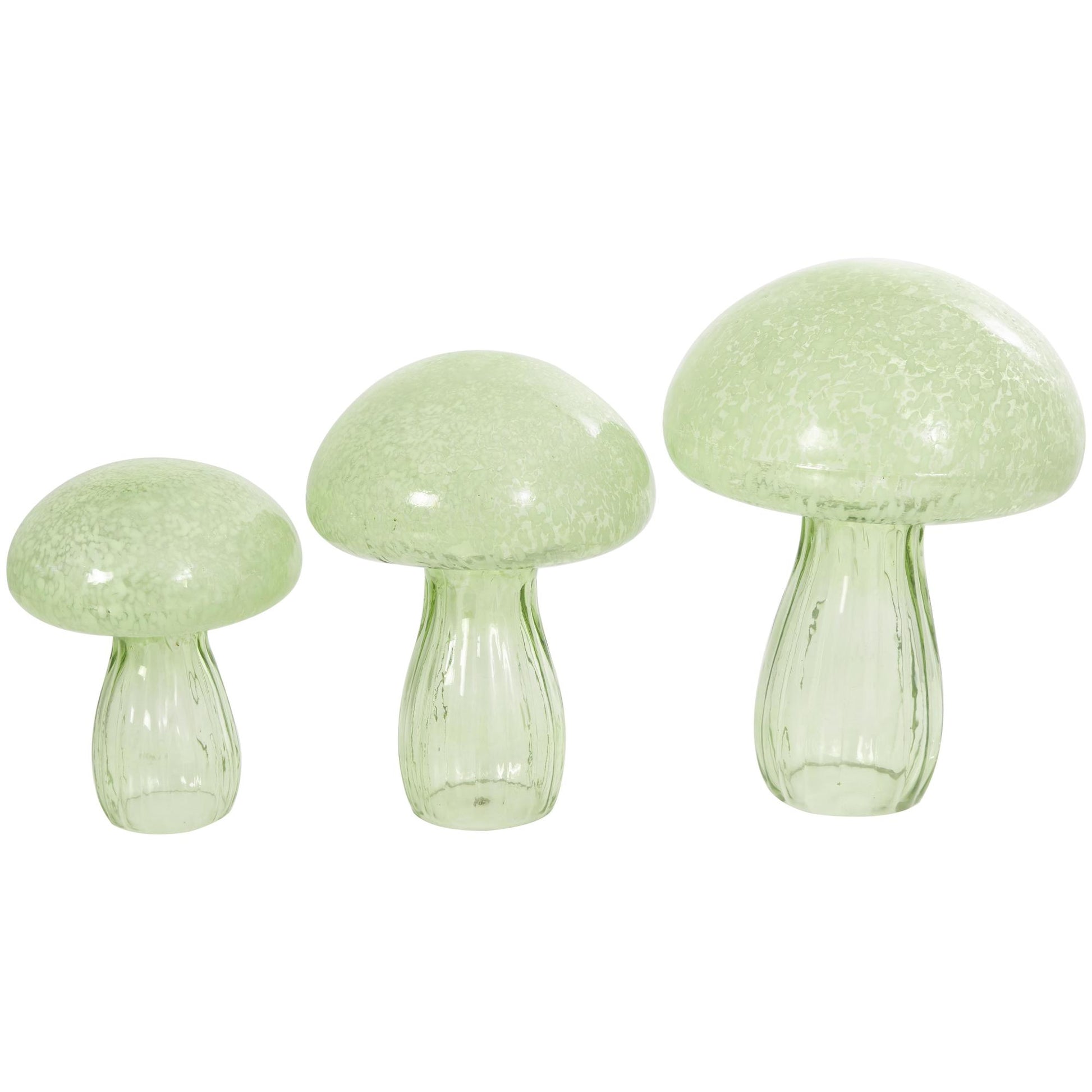 Set of 3 Mushroom Green Glass Textured Decorative Sculpture