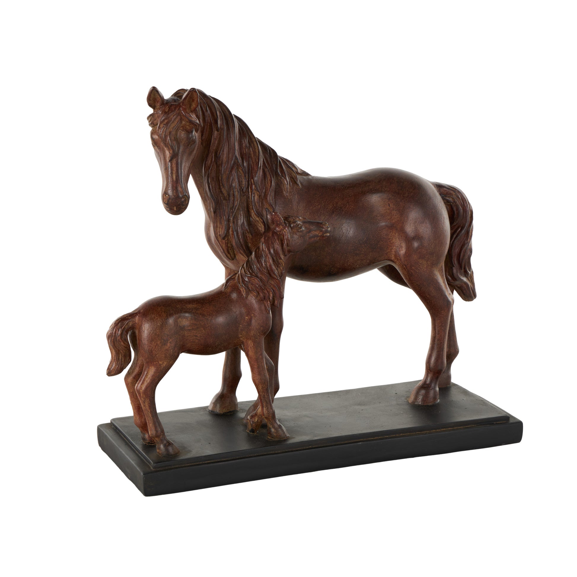 Horse Dark Brown Ceramic Mom and Baby Decorative Sculpture with Black Rectangle Base