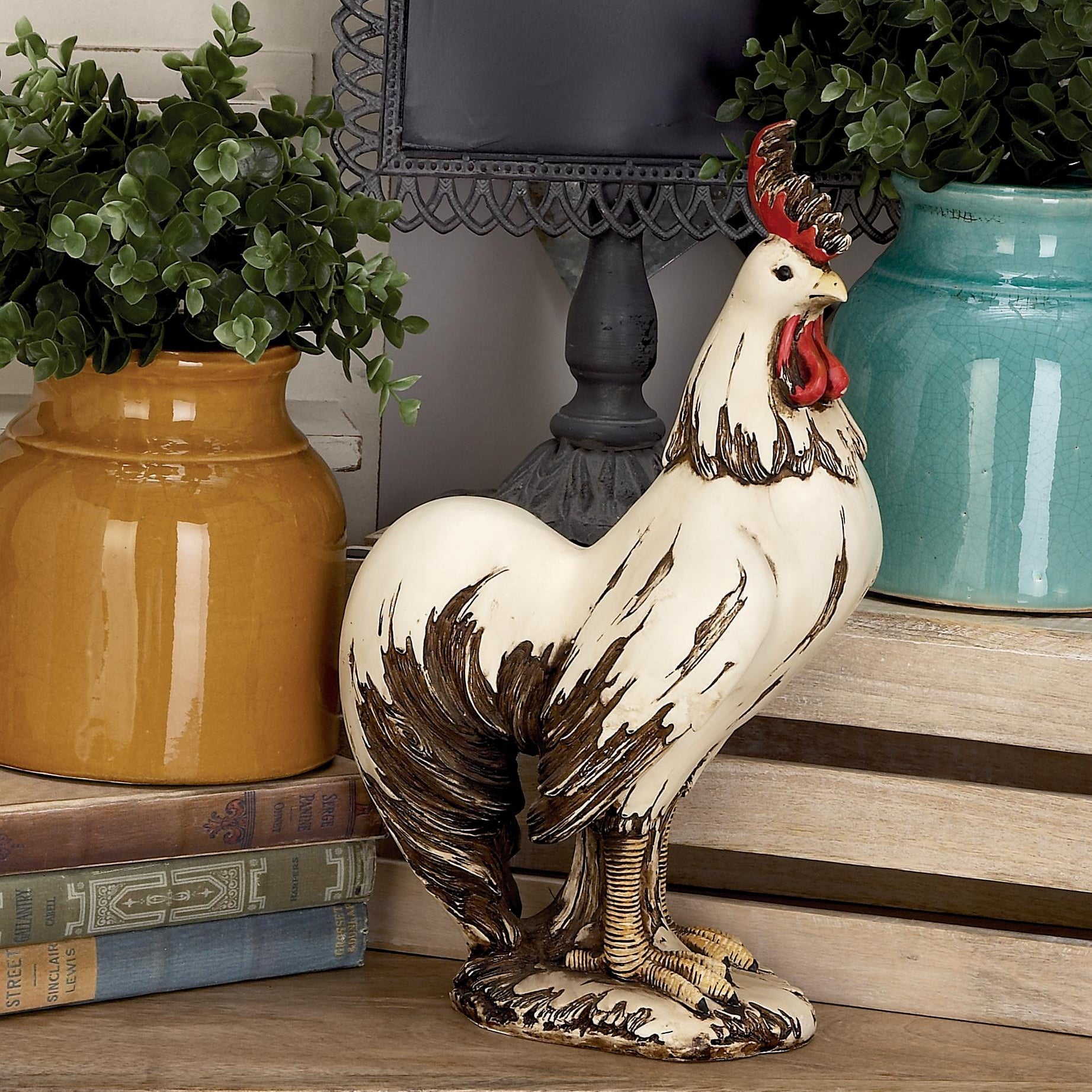 Rooster White Polystone Indoor Outdoor Decorative Garden Sculpture