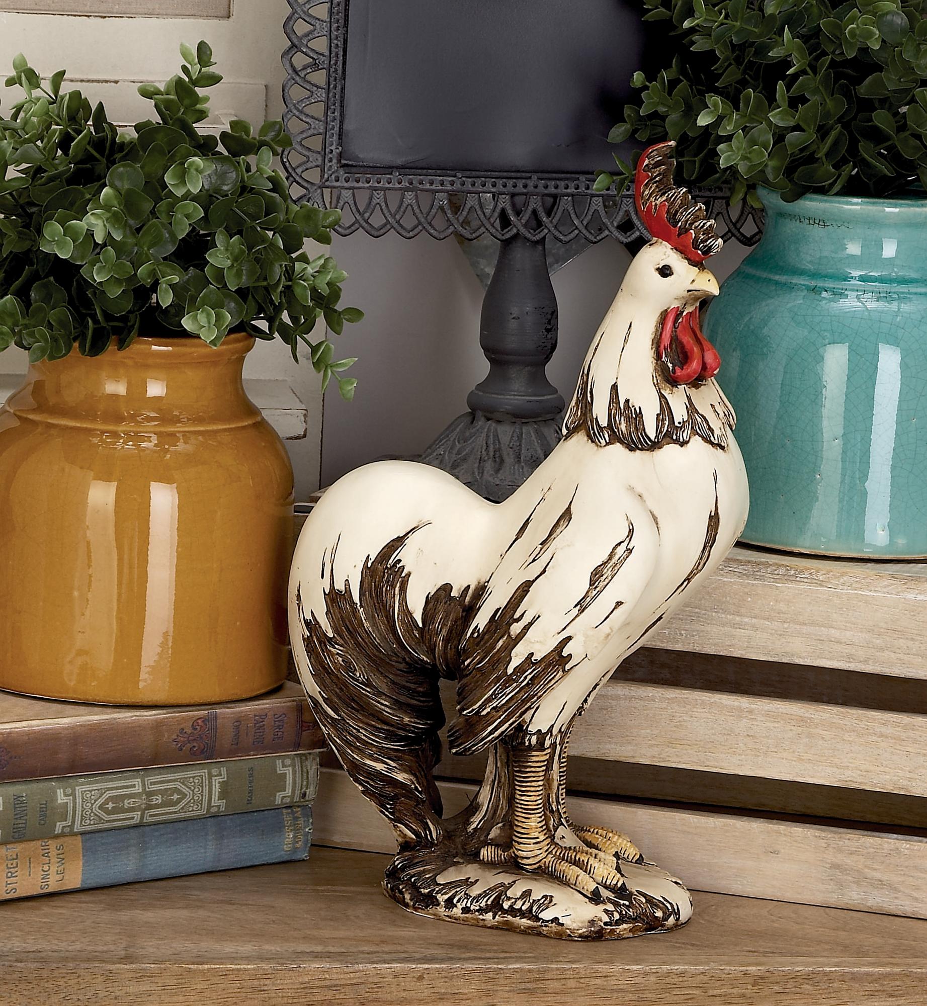 Rooster White Polystone Indoor Outdoor Decorative Garden Sculpture