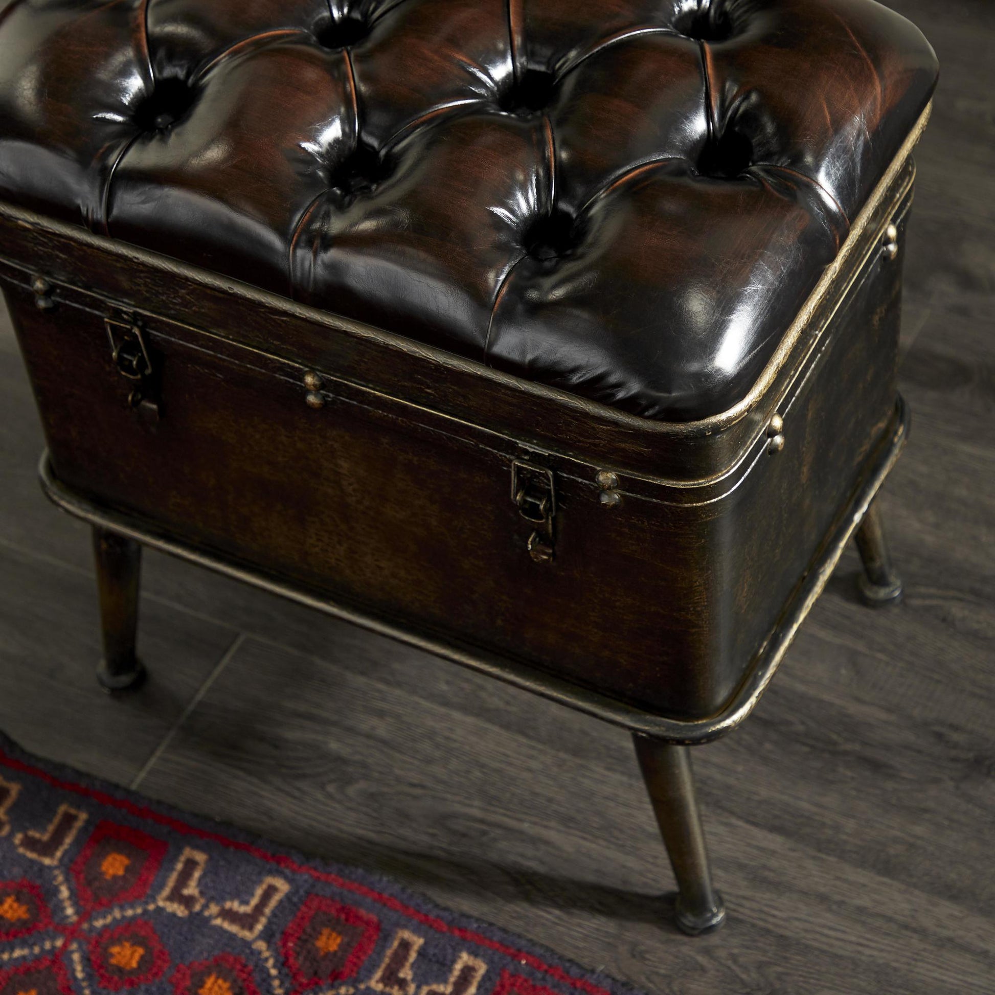 Set of 3 Bronze Metal Weathered Room Storage Bench with Dark Brown Tufted Faux Leather