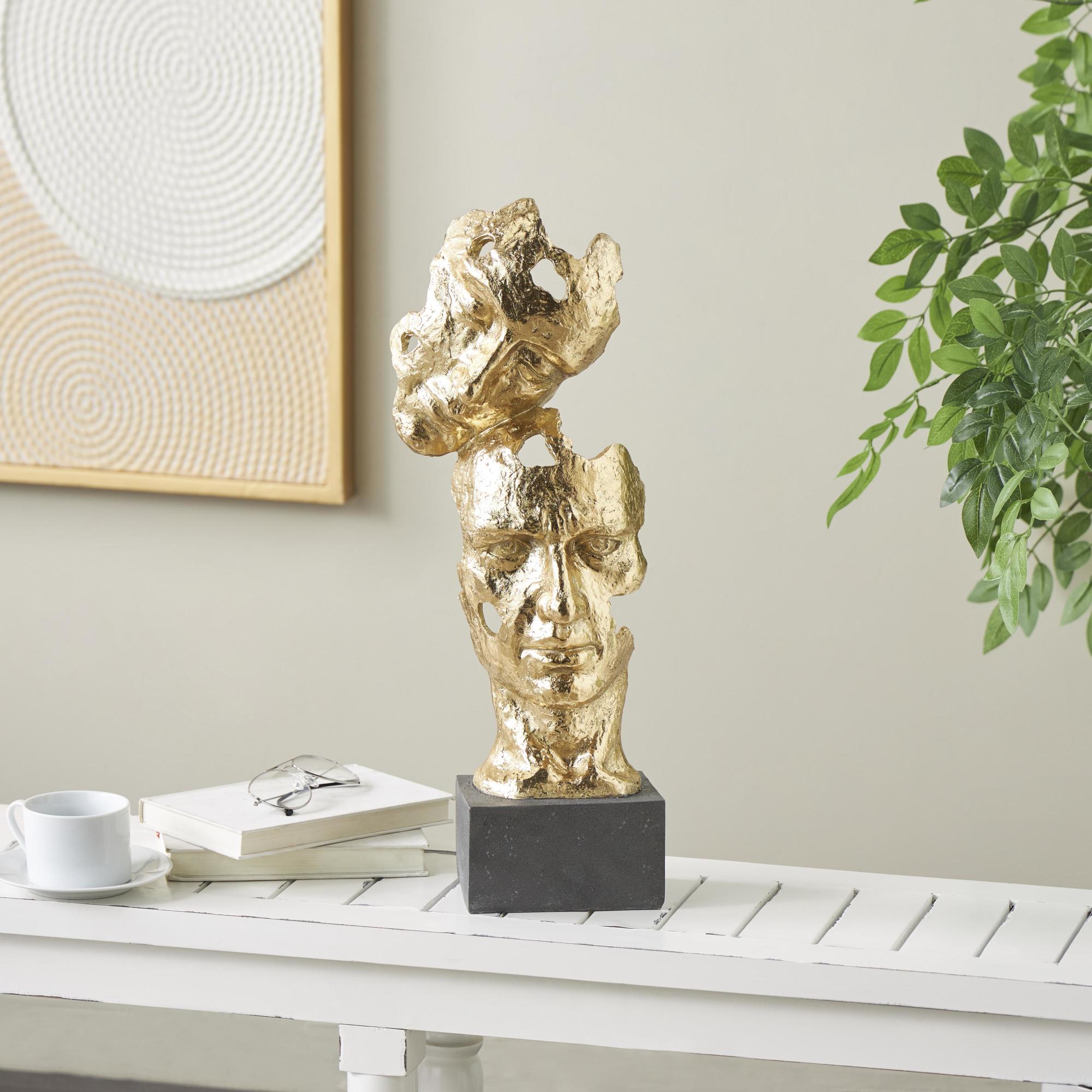 Mask Gold Polystone Stacked Face Cutout Decorative Sculpture with Black Block Base