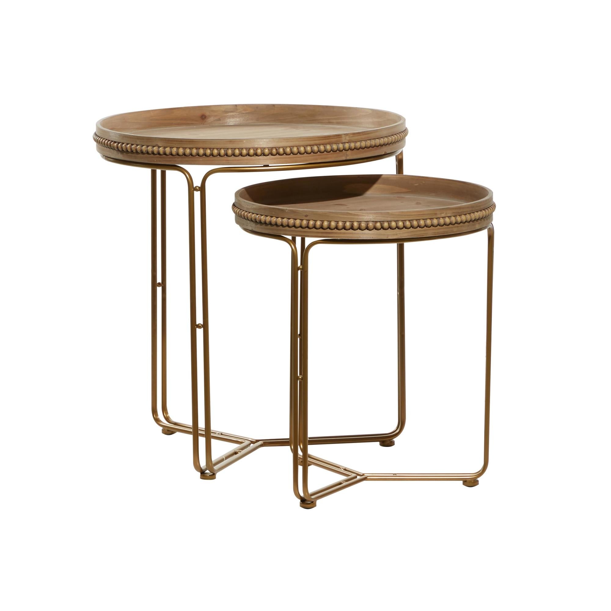 Set of 2 Brown Wooden Round Beaded Nesting Side End Accent Table