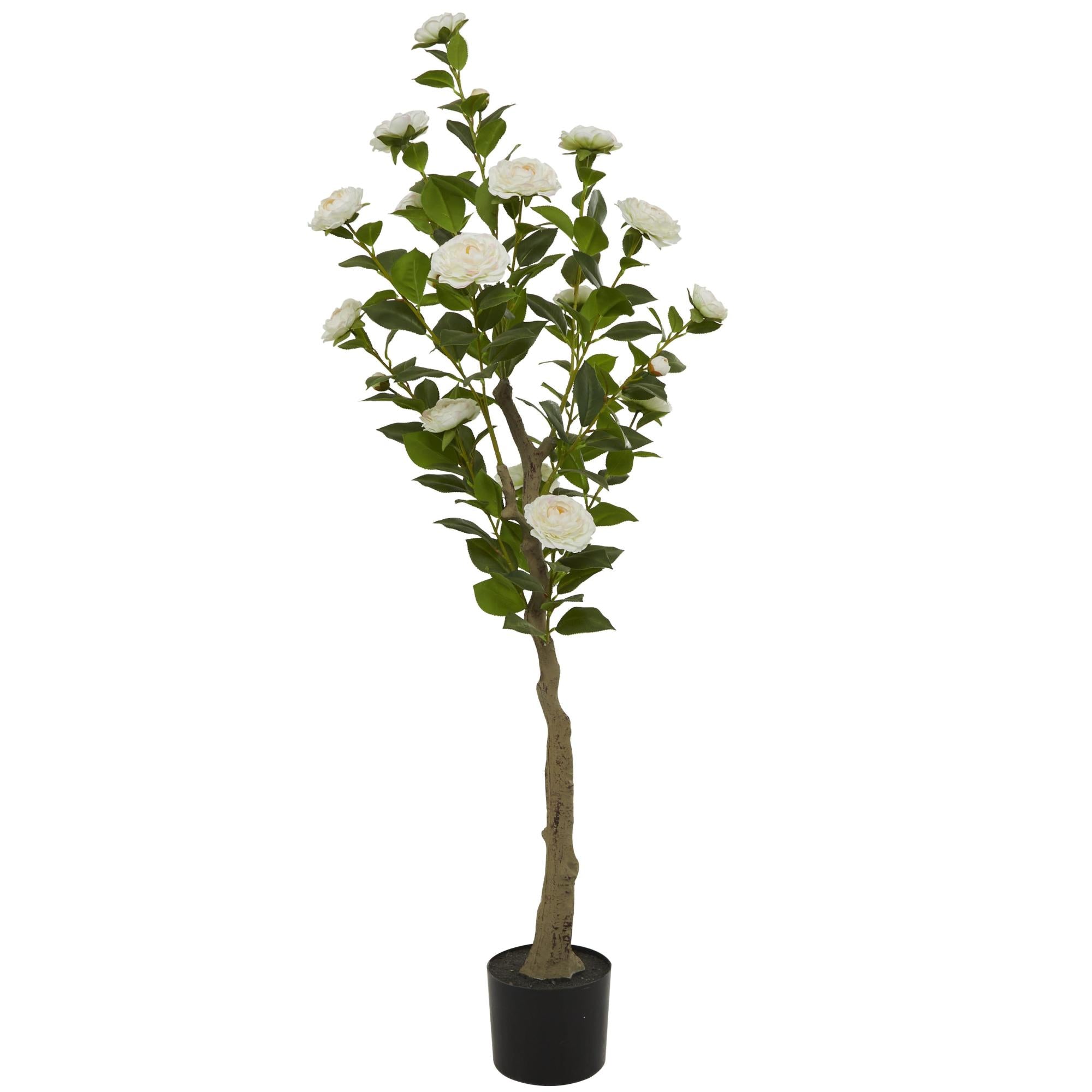 Camellia Green Faux Foliage Indoor Outdoor Artificial Tree with Realistic Leaves and Black Plastic Pot