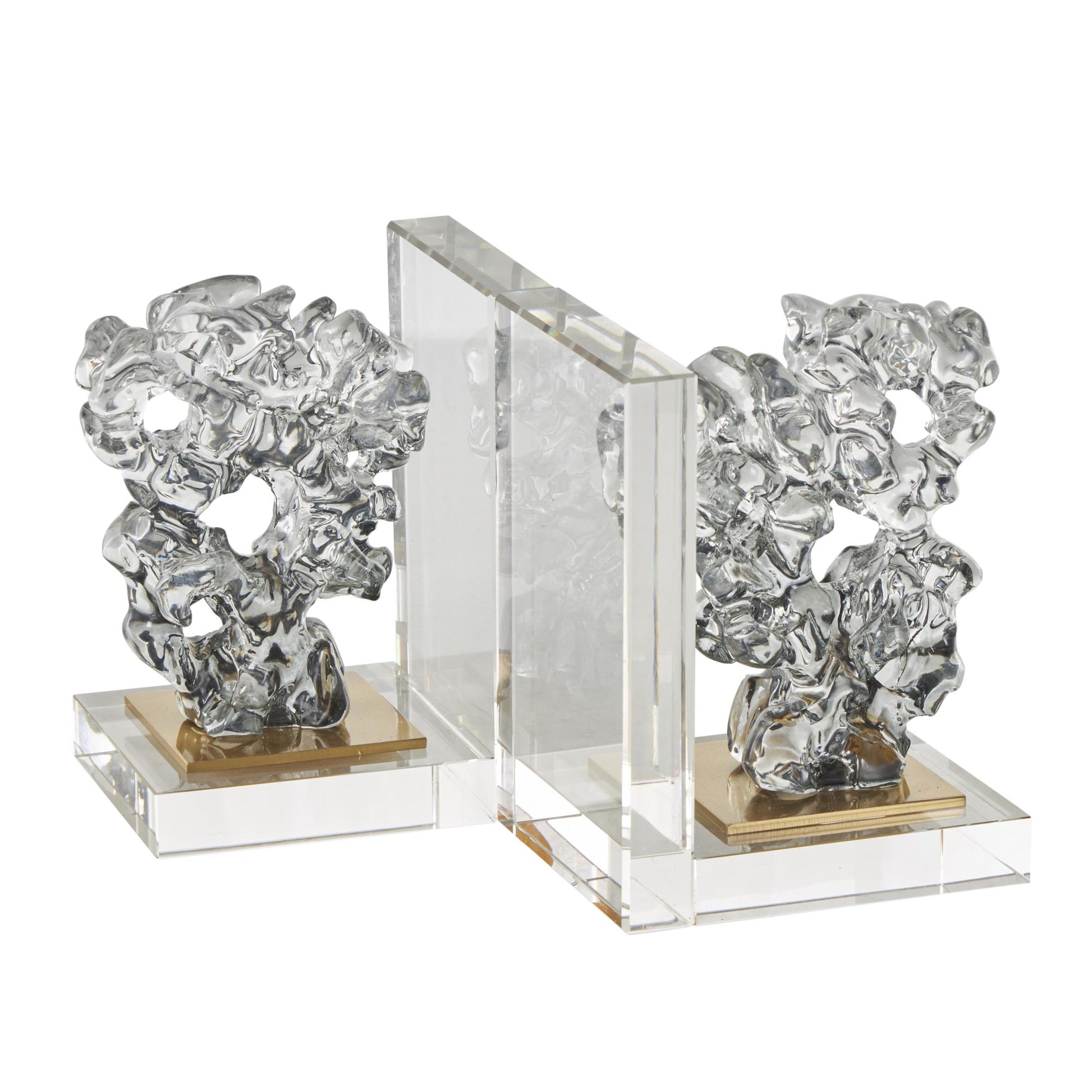Set of 2 Coral Clear Glass Handmade Freeform Decorative Bookends with Clear Gold Supports