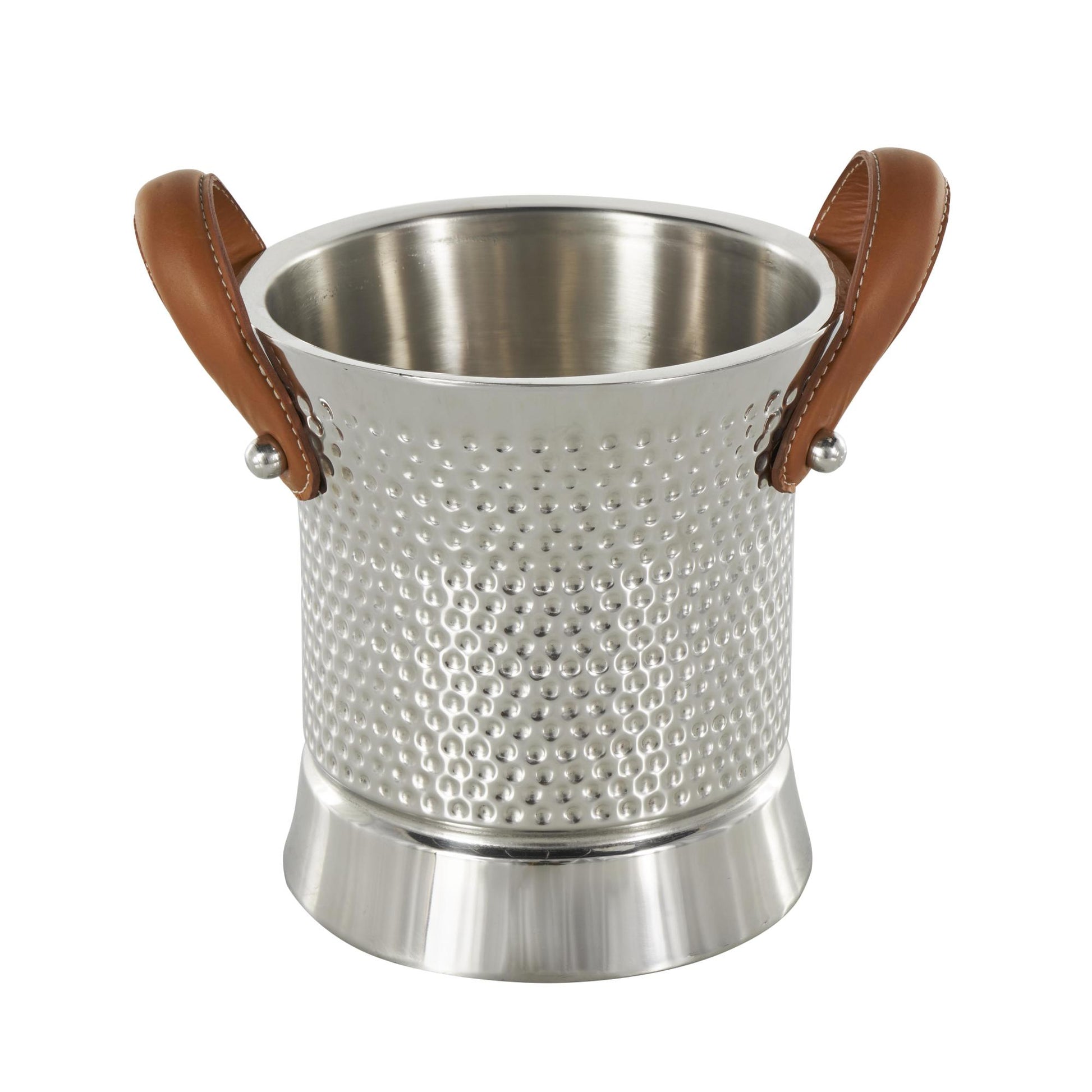 Silver Stainless Steel Metal Hammered Decorative Ice Bucket with Brown Leather Handles