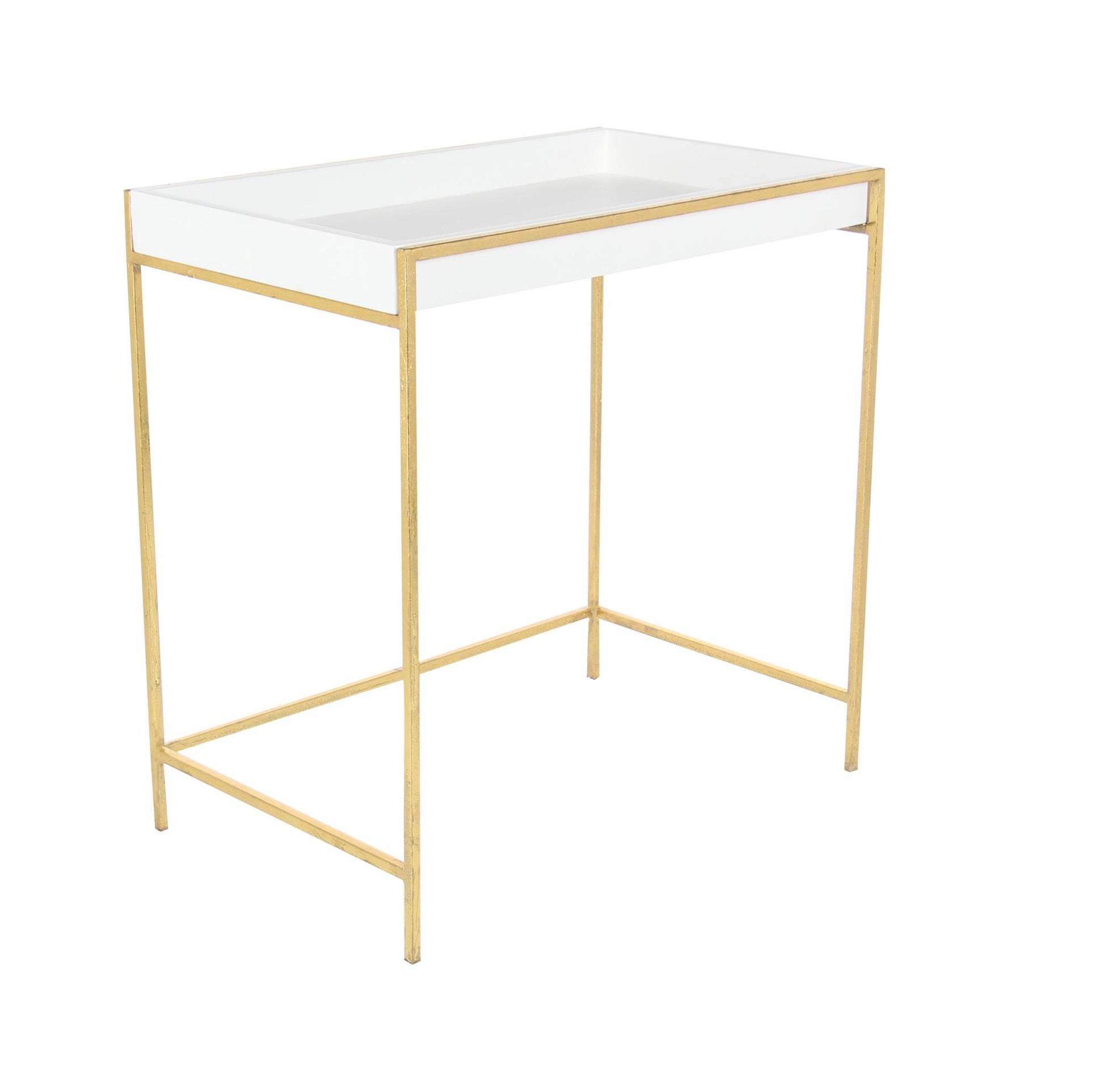 Set of 2 Geometric White Wooden Nesting Tray Top Side End Accent Table with Gold Metal Legs