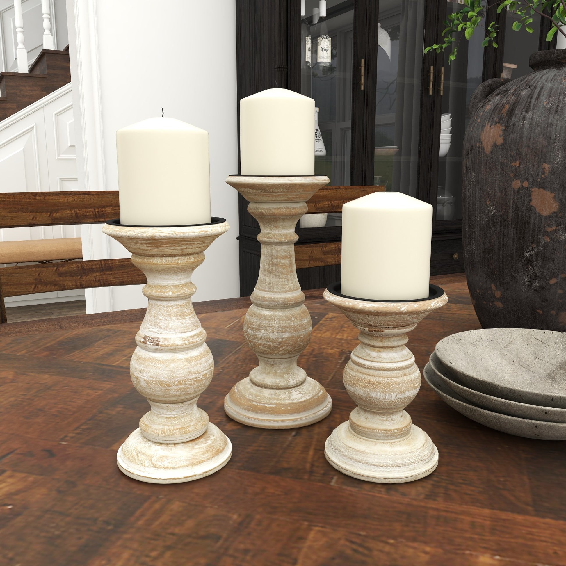 Set of 3 Mango Wood Distressed Turned Pillar Decorative Candle Holder