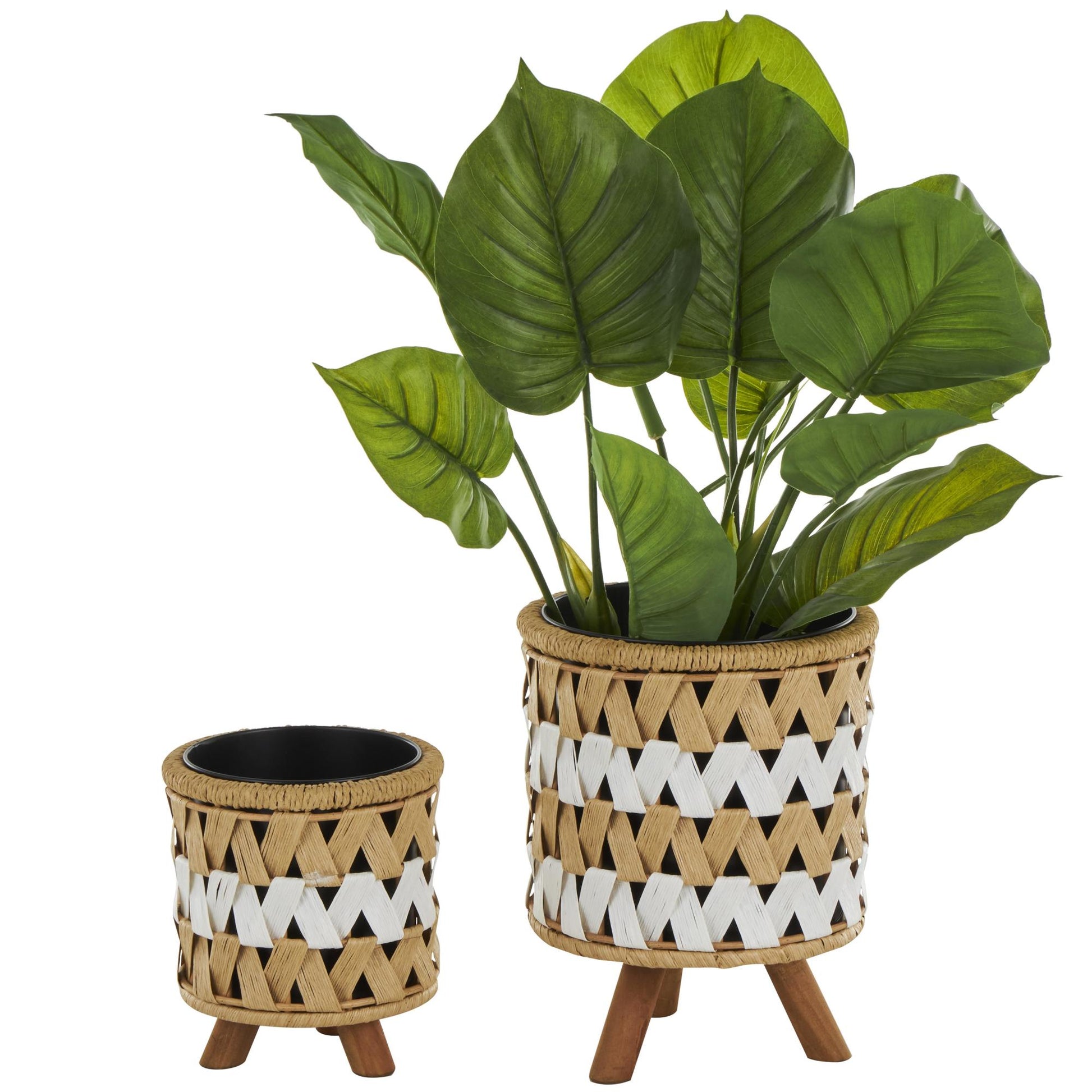 Set of 2 Geometric Brown Jute Rope Handmade Woven Chevron Indoor Planter with Wooden Legs