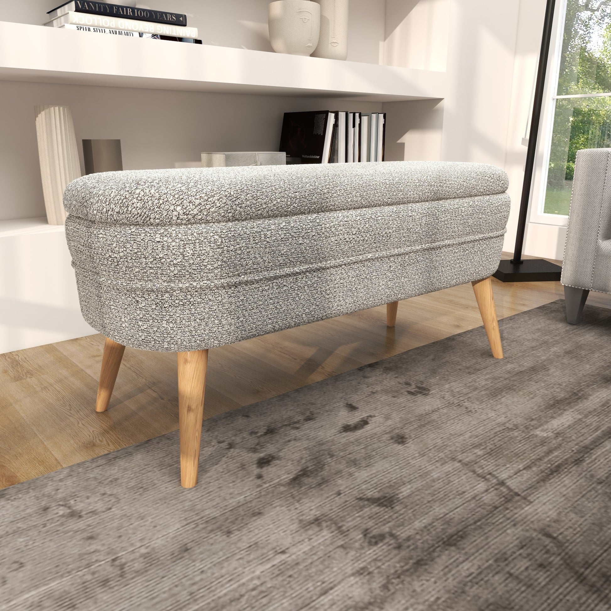 Gray Polyester Rounded Upholstered Boucle Room Storage Bench with Tapered Wood Legs