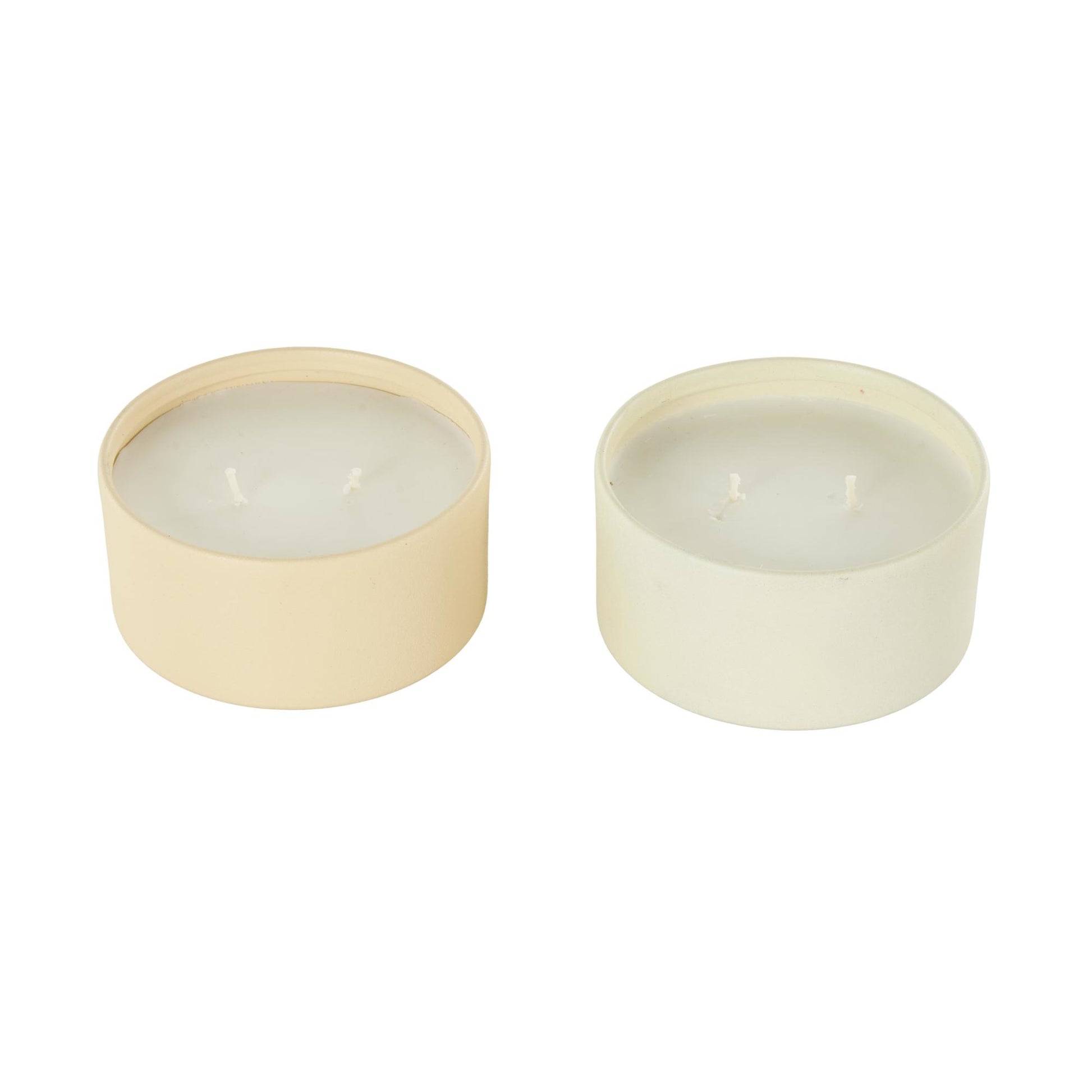 Set of 2 Metal Fresh Cotton / White Tea & Ginger Scented Textured 9oz 2 Wick Decorative Candle with White Wax