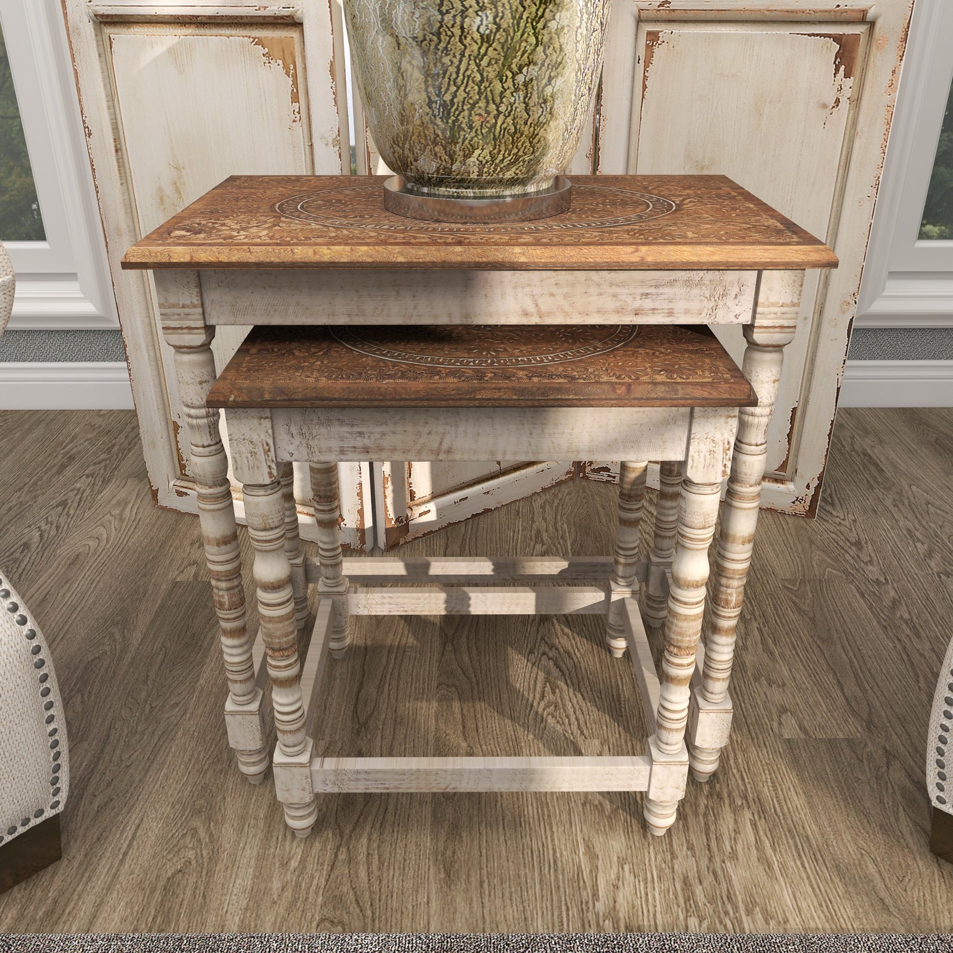 Set of 2 Floral Mango Wood Handmade Intricately Carved Side End Accent Table with Carved Tabletops