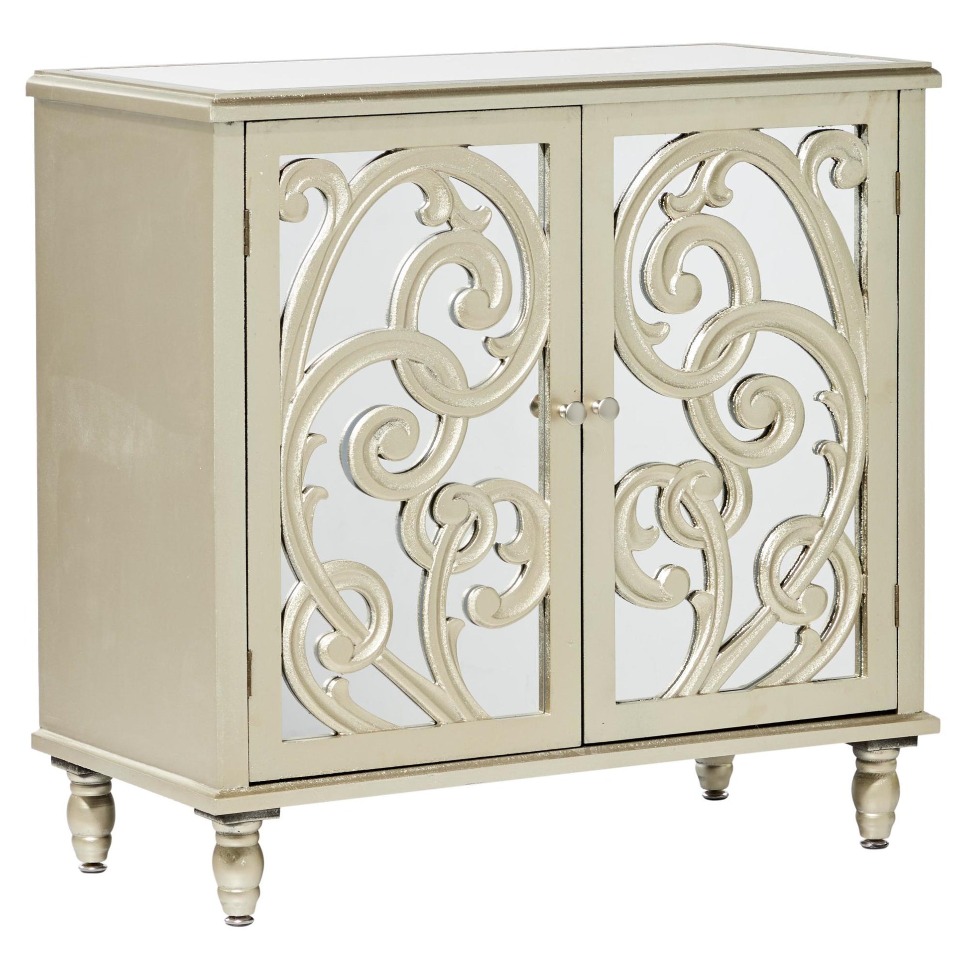 Scroll Champagne Wood Intricately Carved 2 Door Room Cabinet with Mirrored Front