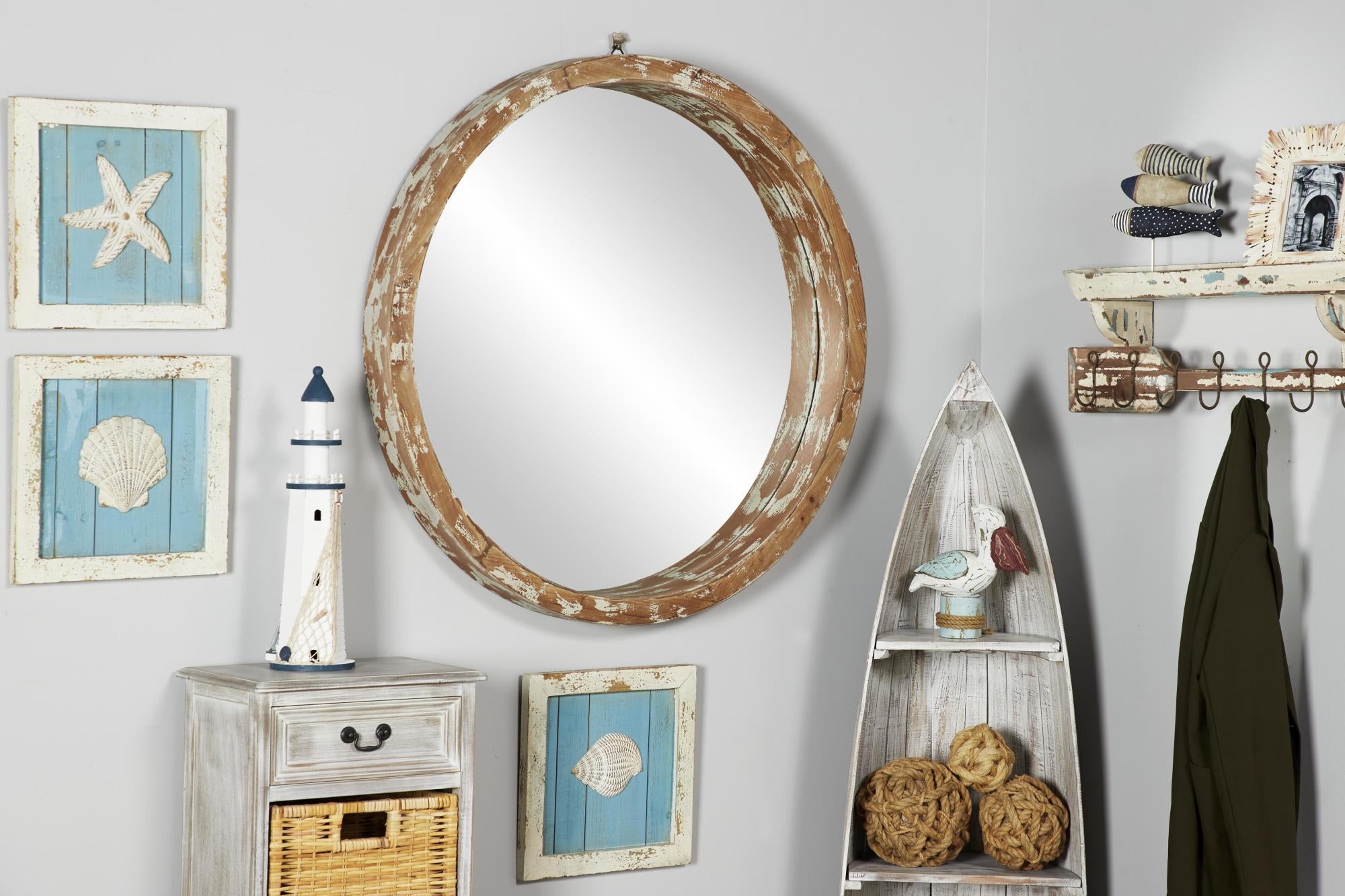 Brown Wood Room Wall Mirror with Cream Distressing