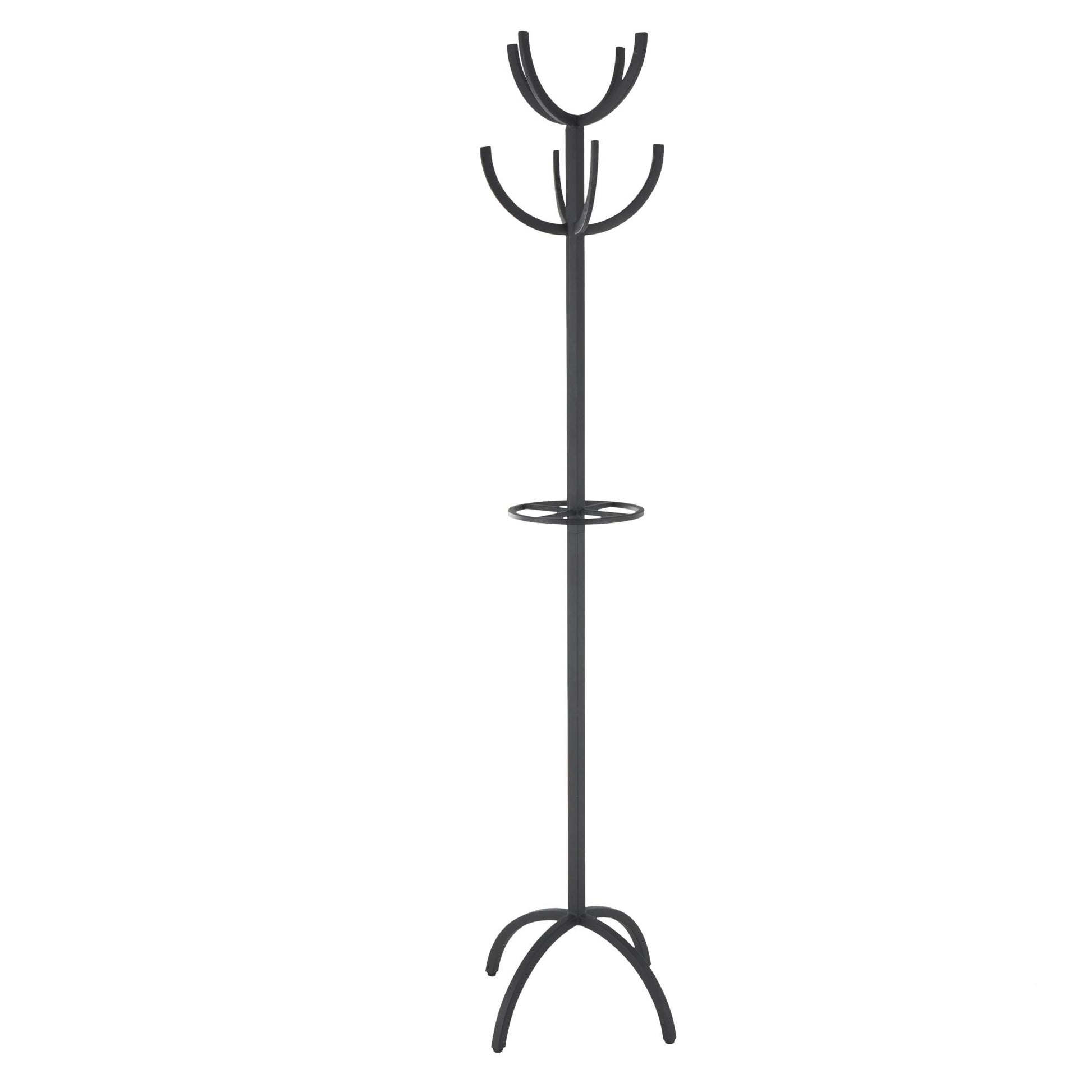 Black Metal 8 Hook Freestanding Coat Rack with Ached Legs and Circular Center Storage