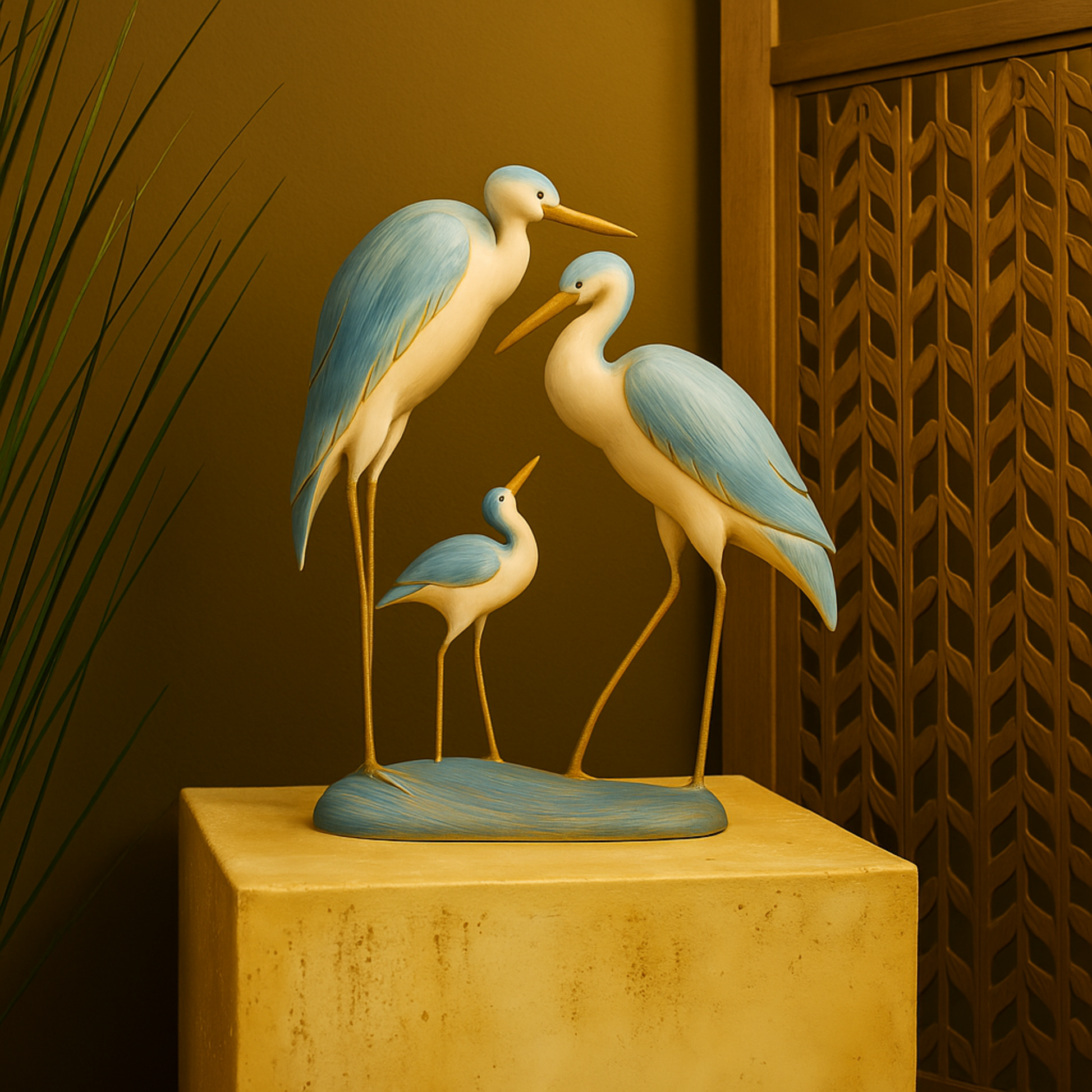 Bird Light Blue Polyresin Family Decorative Sculpture with Yellow Accents